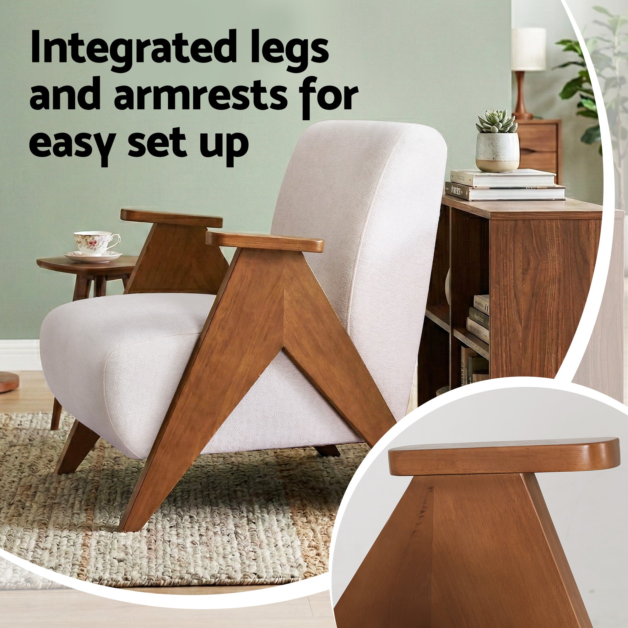 Armchair Accent Chair Upholstered Chenille Fabric Solid Wood Frame - White