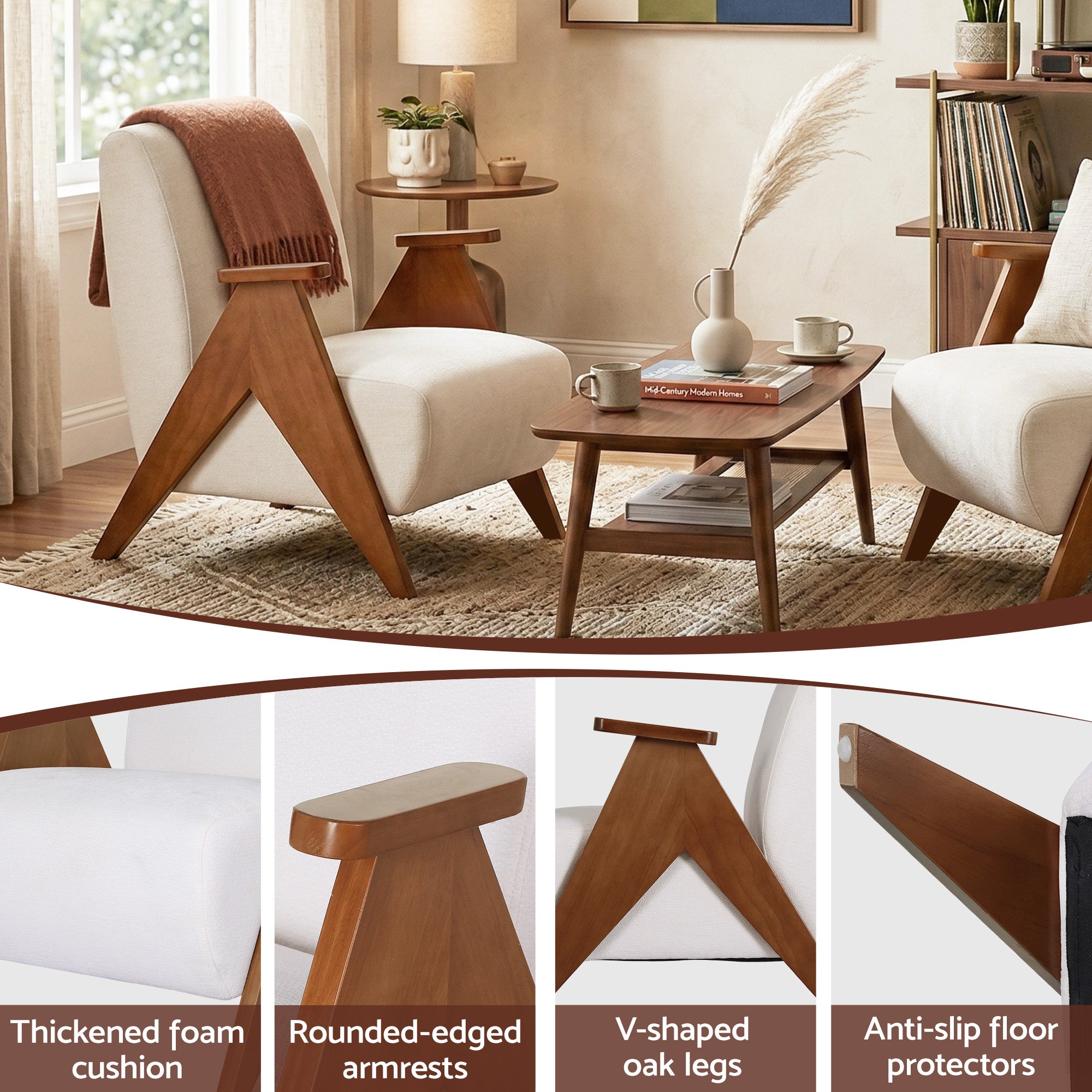 Armchair Accent Chair Upholstered Chenille Fabric Solid Wood Frame - White