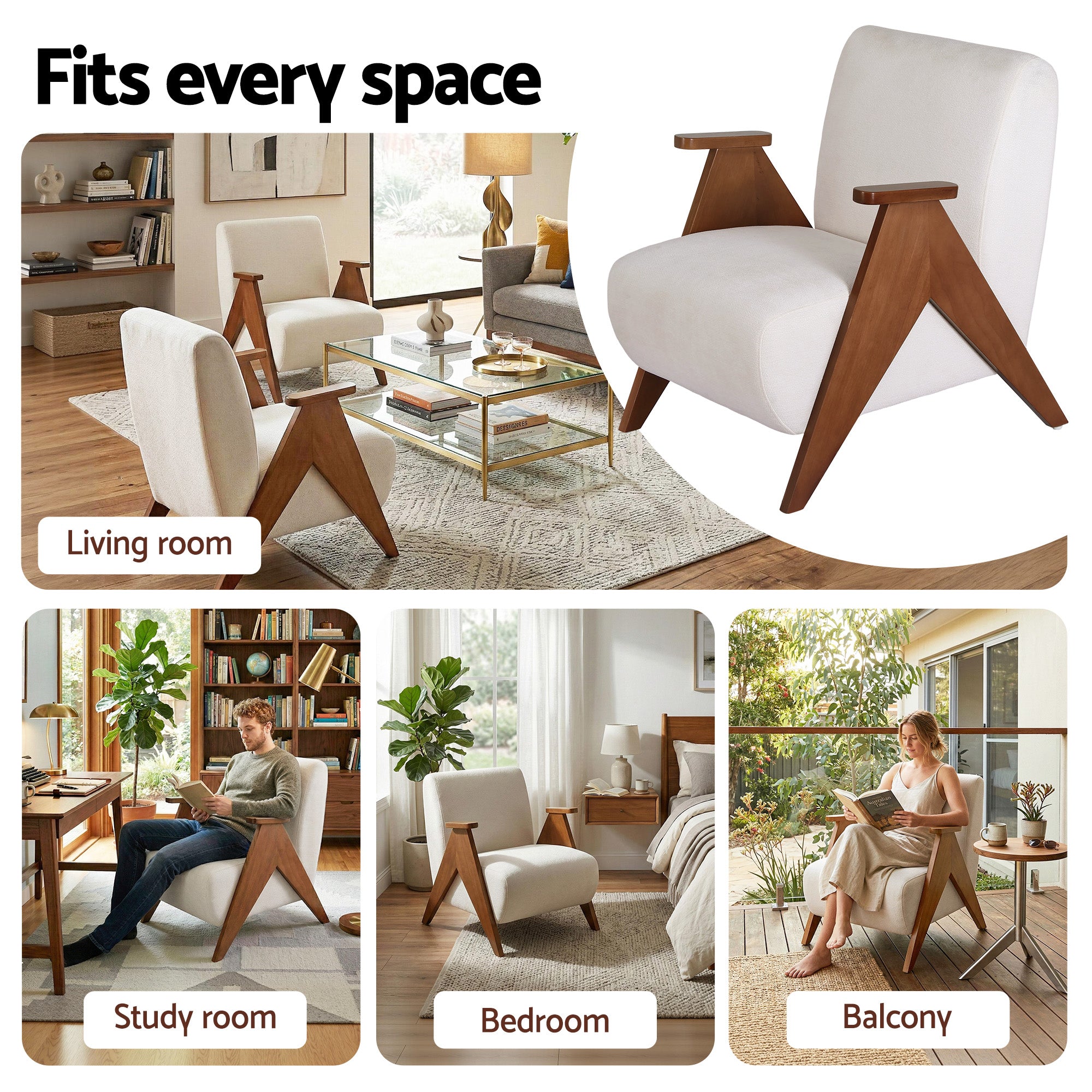 Armchair Accent Chair Upholstered Chenille Fabric Solid Wood Frame - White