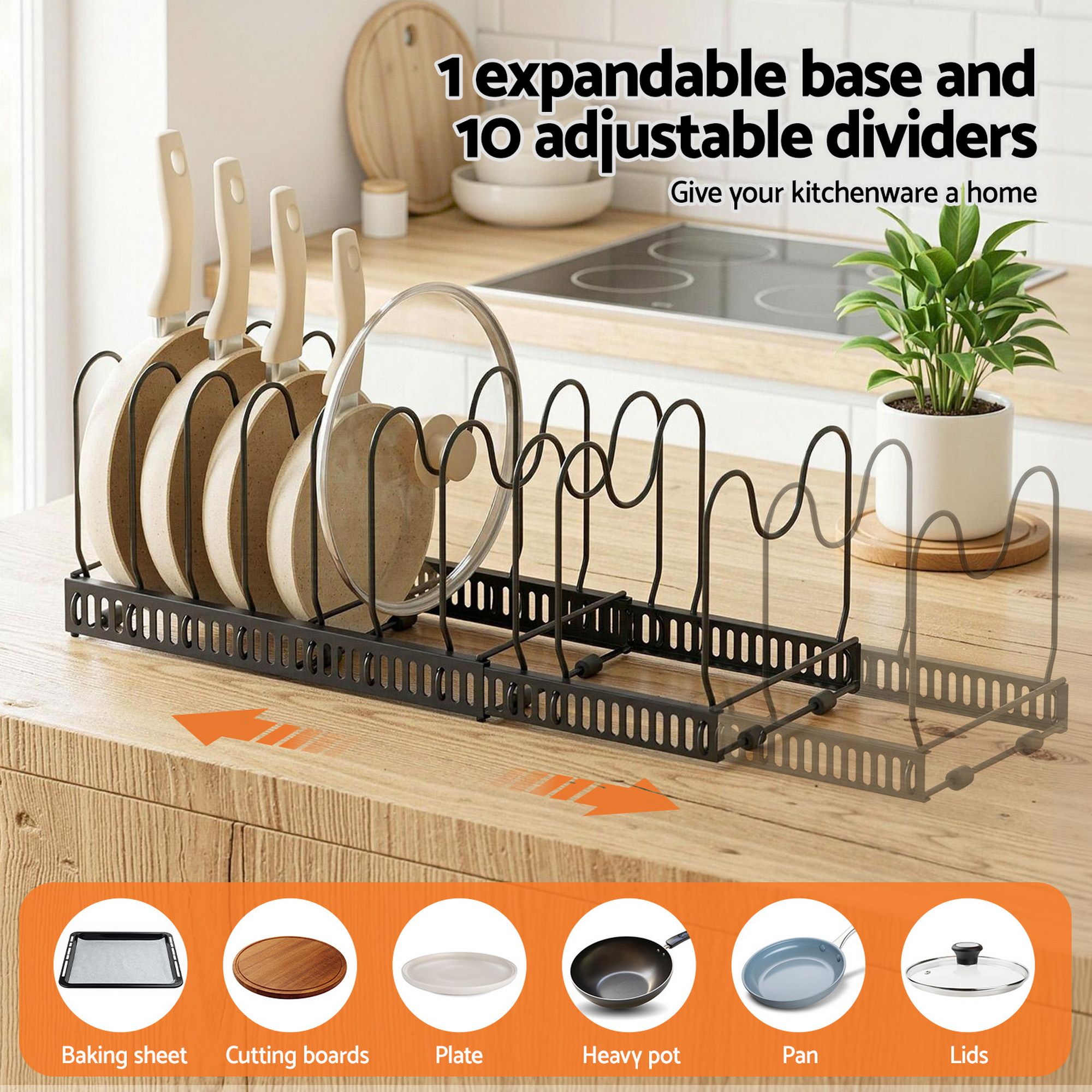 Expandable Pots and Pans Organizer Rack Cookware Holder Kitchen Cabinet Rack