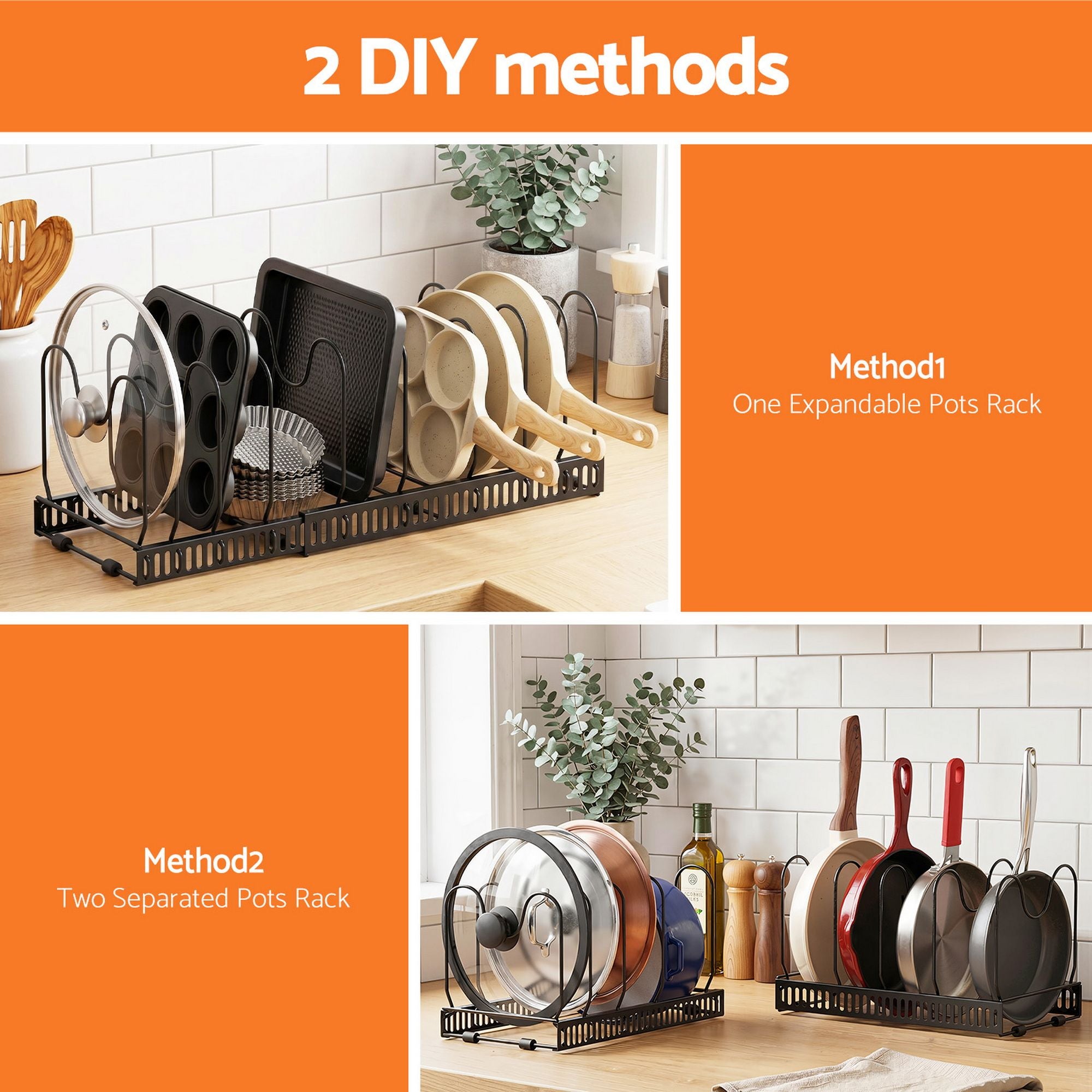 Expandable Pots and Pans Organizer Rack Cookware Holder Kitchen Cabinet Rack