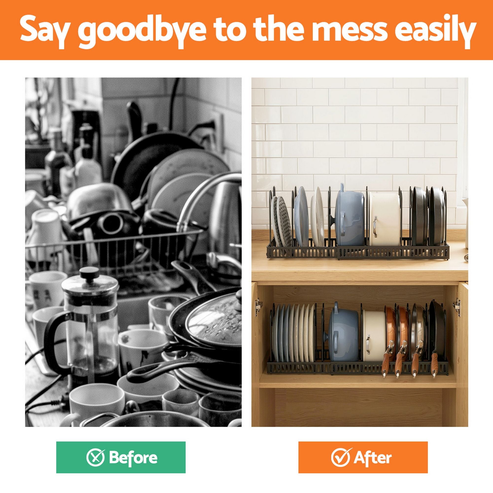Expandable Pots and Pans Organizer Rack Cookware Holder Kitchen Cabinet Rack