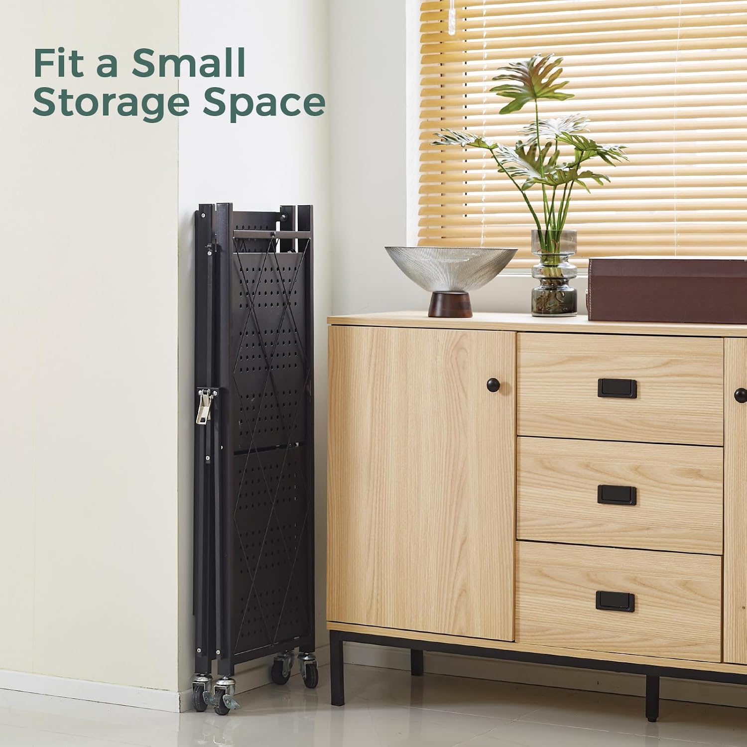 3-Tier Foldable Storage Shelf with Wheels for Kitchen, Garage, Pantry or Basement (Black)