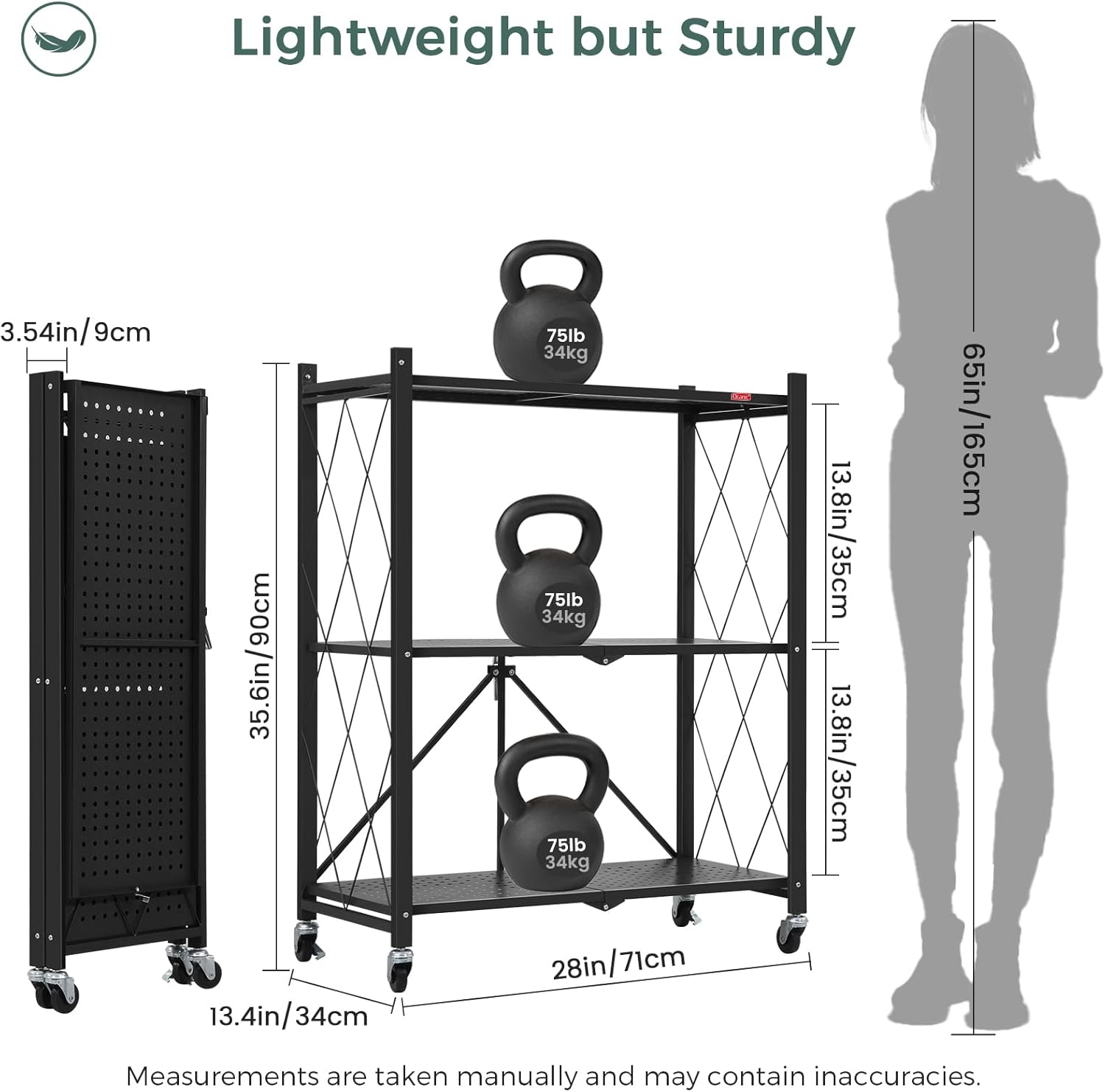 3-Tier Foldable Storage Shelf with Wheels for Kitchen, Garage, Pantry or Basement (Black)