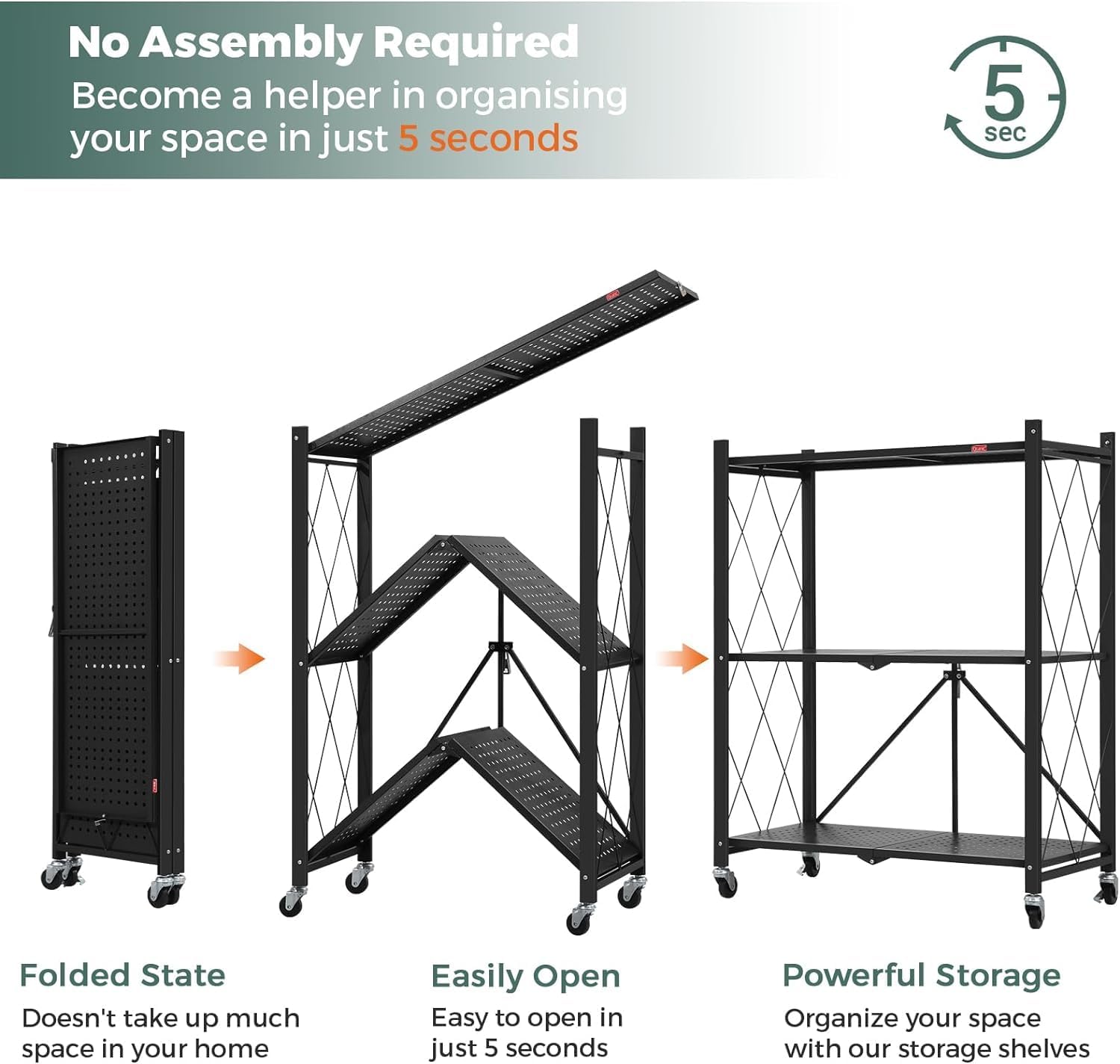 3-Tier Foldable Storage Shelf with Wheels for Kitchen, Garage, Pantry or Basement (Black)