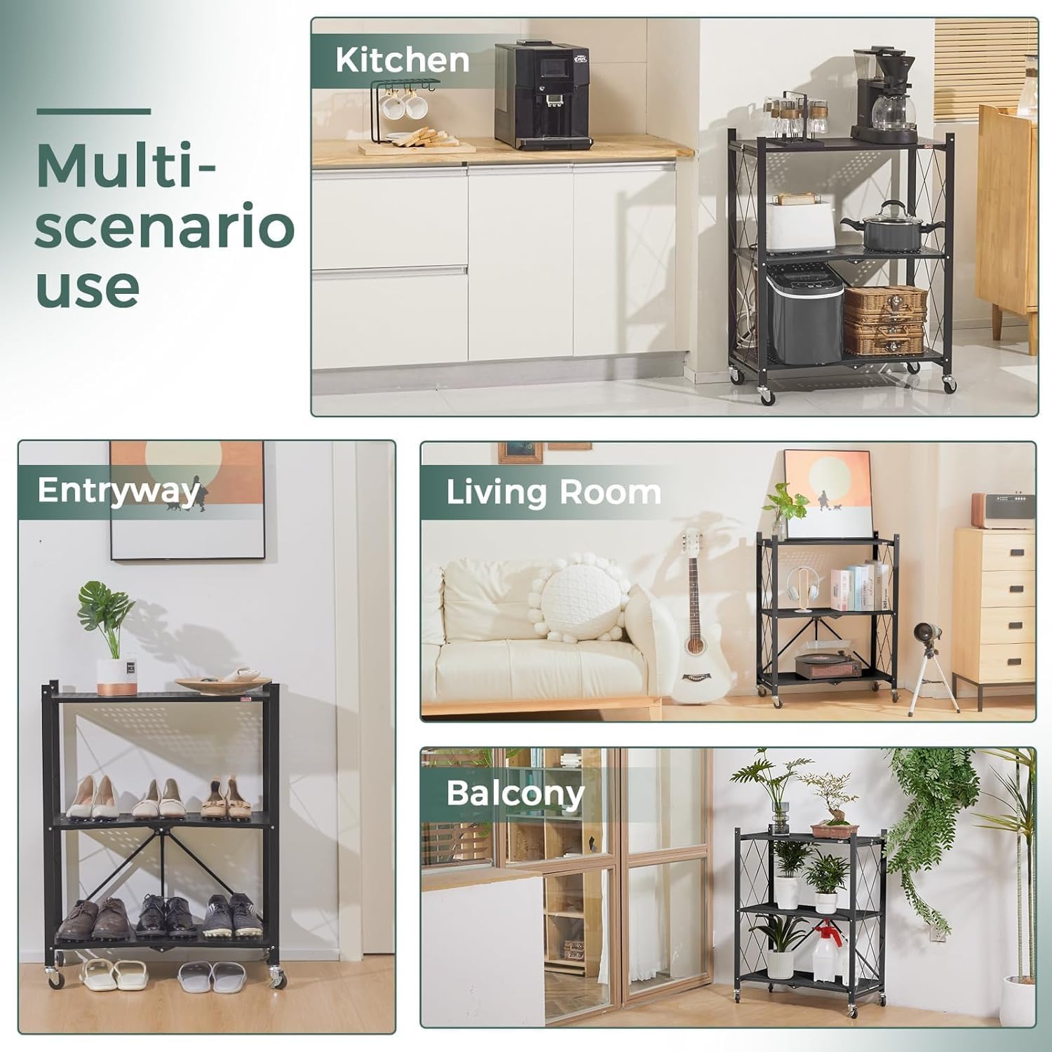 4-Tier Foldable Storage Shelf with Wheels for Kitchen, Garage, Pantry or Basement (Black)