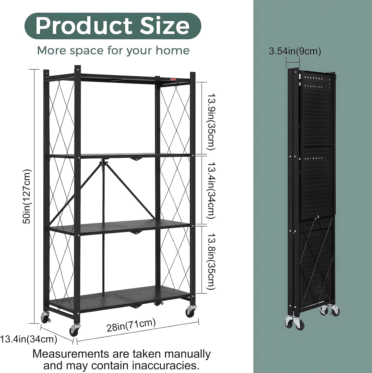 4-Tier Foldable Storage Shelf with Wheels for Kitchen, Garage, Pantry or Basement (Black)