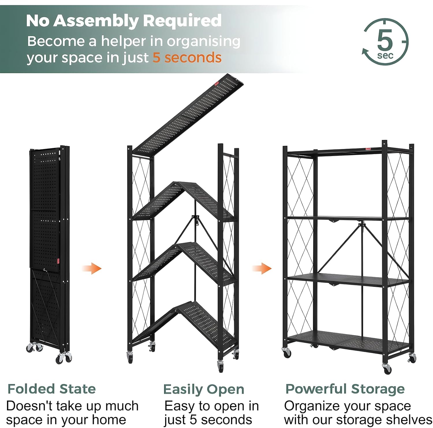4-Tier Foldable Storage Shelf with Wheels for Kitchen, Garage, Pantry or Basement (Black)