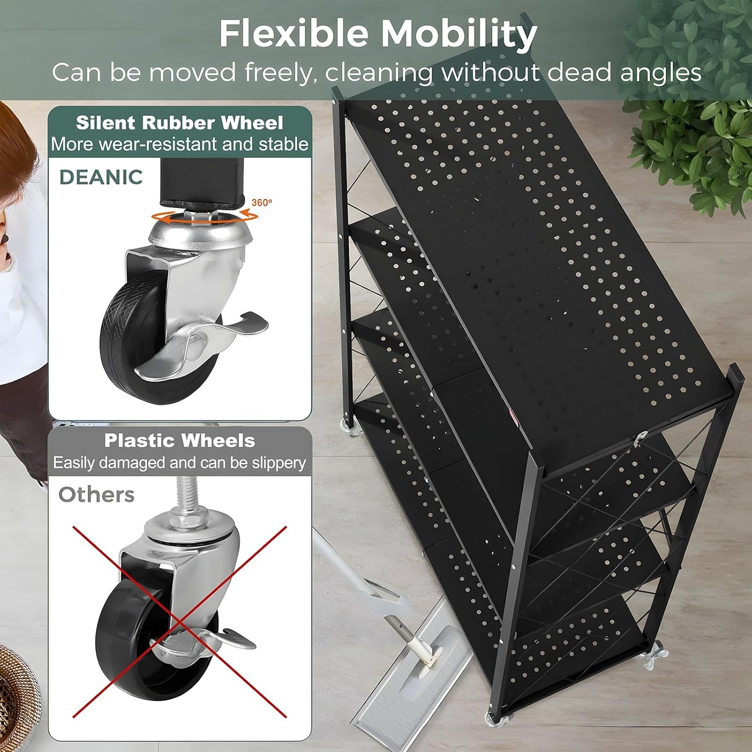 4-Tier Foldable Storage Shelf with Wheels for Kitchen, Garage, Pantry or Basement (Black)