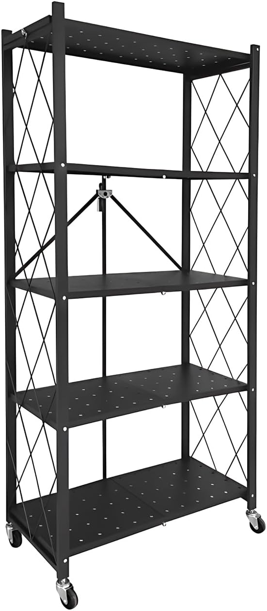 5-Tier Foldable Storage Shelf with Wheels for Kitchen, Garage, Pantry or Basement (Black)