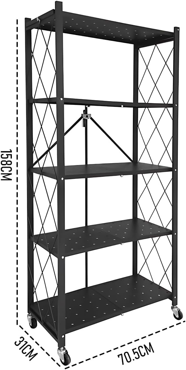 5-Tier Foldable Storage Shelf with Wheels for Kitchen, Garage, Pantry or Basement (Black)