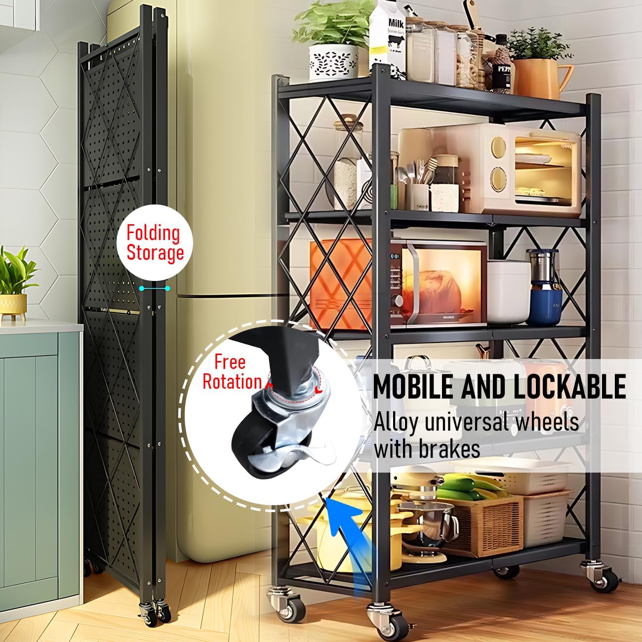 5-Tier Foldable Storage Shelf with Wheels for Kitchen, Garage, Pantry or Basement (Black)