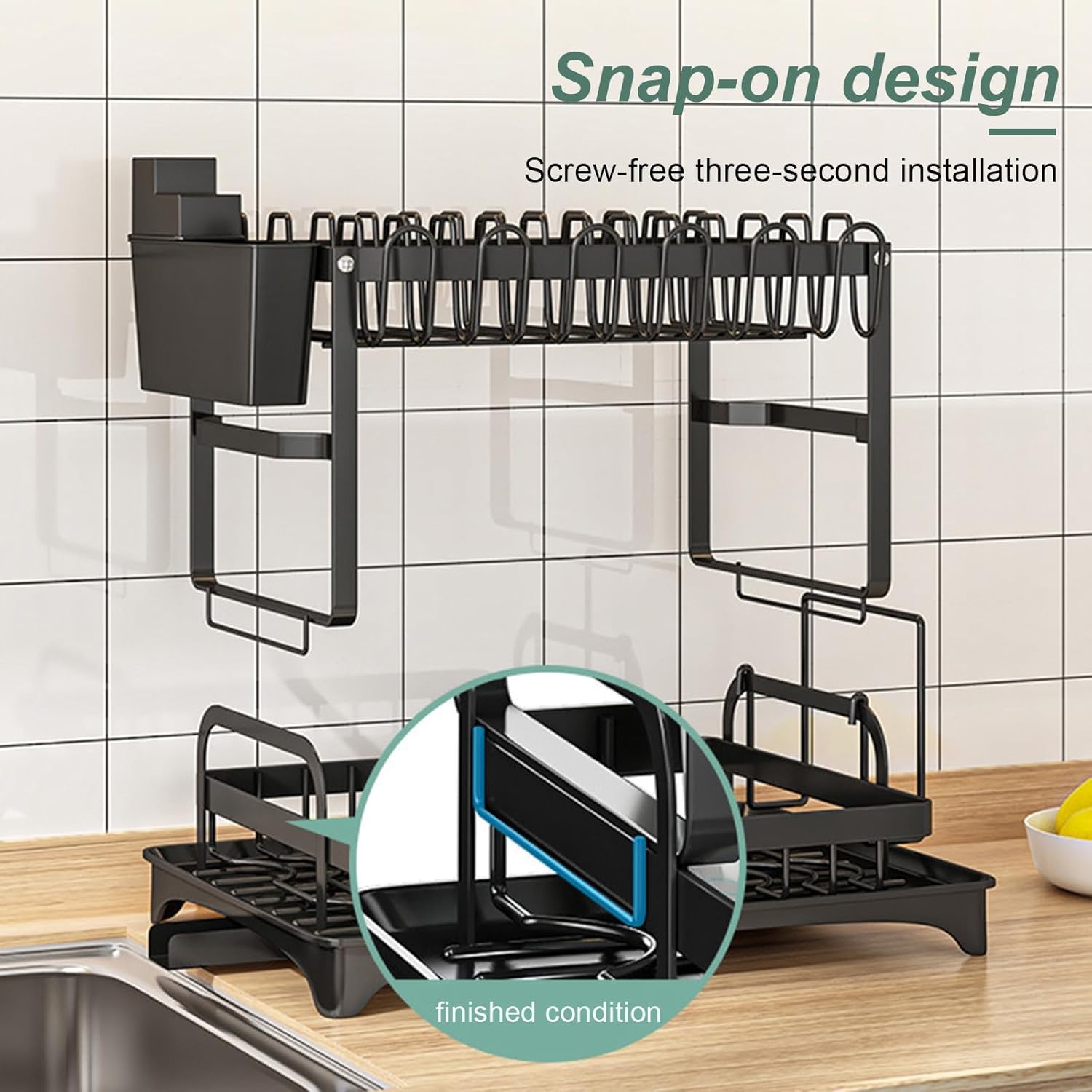 2-Tier Dish Drying Rack with Drainage Tray, Utensil Holder, Cup Hooks & Cutting Board Slot for Countertop Kitchen Storage (Black)