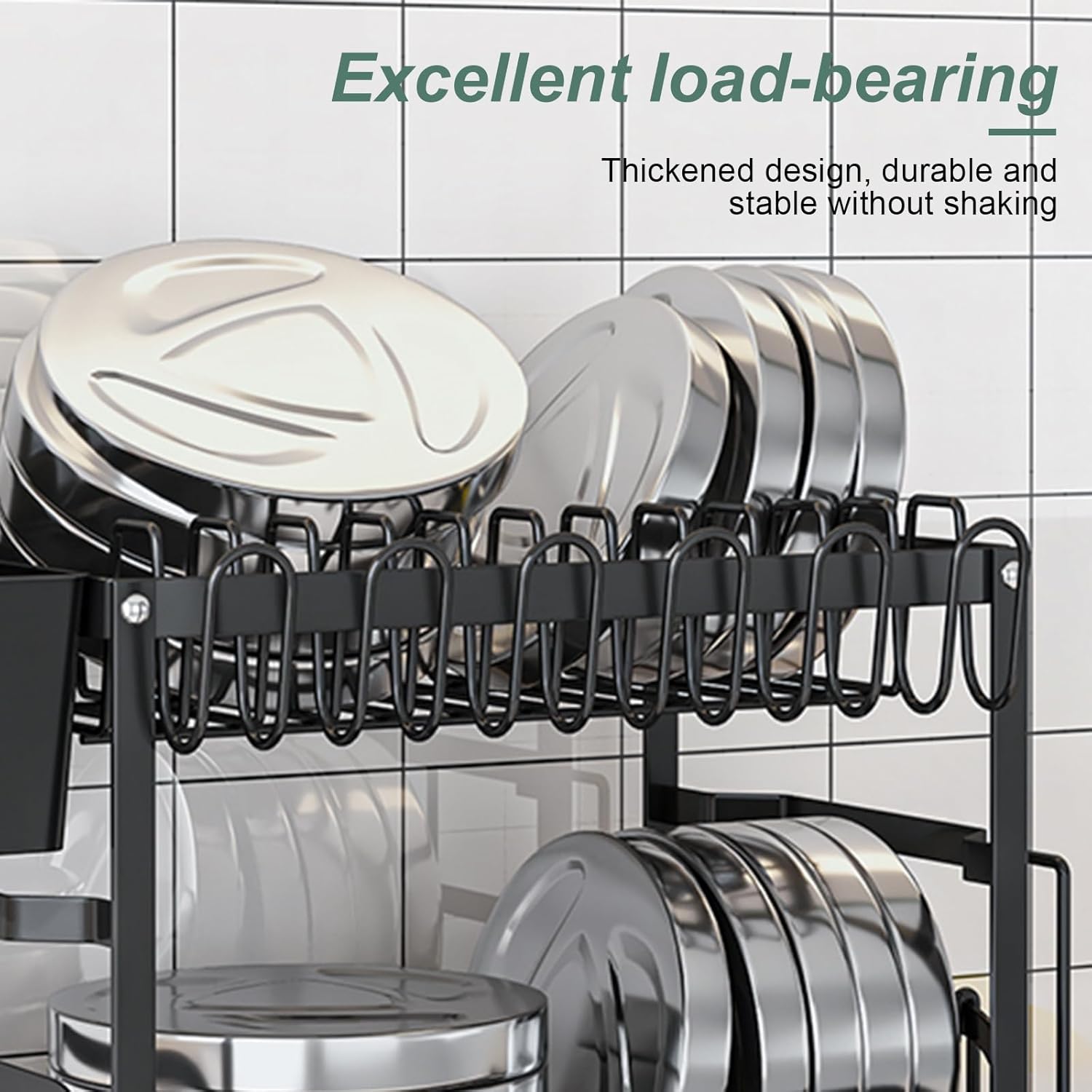 2-Tier Dish Drying Rack with Drainage Tray, Utensil Holder, Cup Hooks & Cutting Board Slot for Countertop Kitchen Storage (Black)