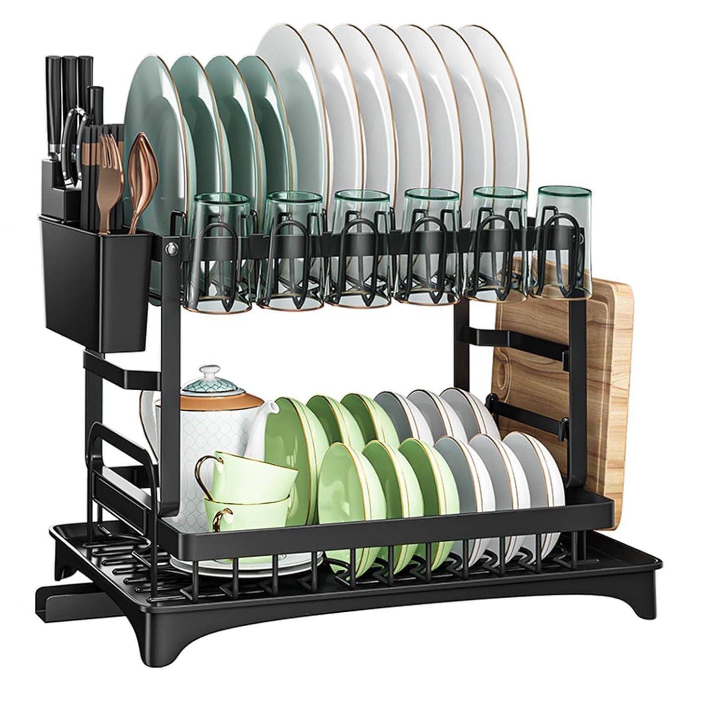 2-Tier Dish Drying Rack with Drainage Tray, Utensil Holder, Cup Hooks & Cutting Board Slot for Countertop Kitchen Storage (Black)