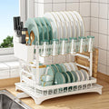 2-Tier Dish Drying Rack with Drainage Tray, Utensil Holder, Cup Hooks & Cutting Board Slot for Countertop Kitchen Storage (White)
