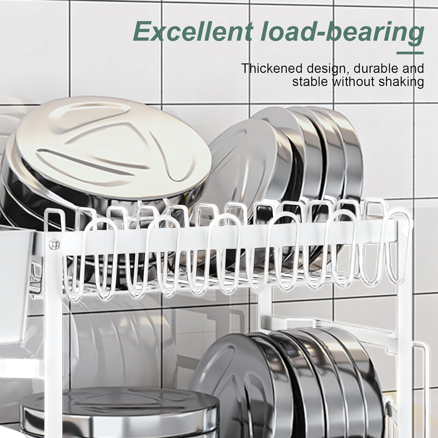 2-Tier Dish Drying Rack with Drainage Tray, Utensil Holder, Cup Hooks & Cutting Board Slot for Countertop Kitchen Storage (White)