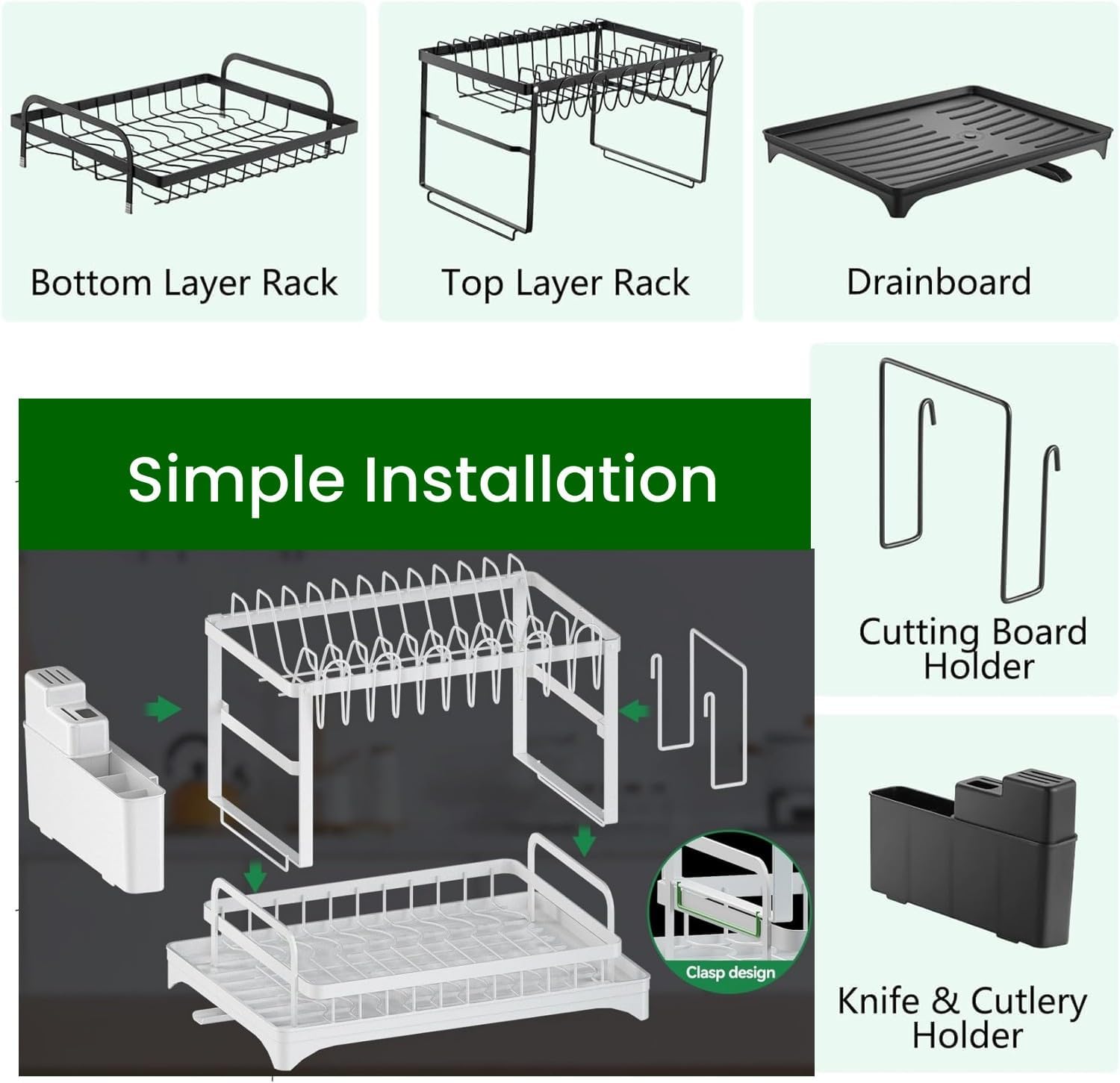 2-Tier Dish Drying Rack with Drainage Tray, Utensil Holder, Cup Hooks & Cutting Board Slot for Countertop Kitchen Storage (White)