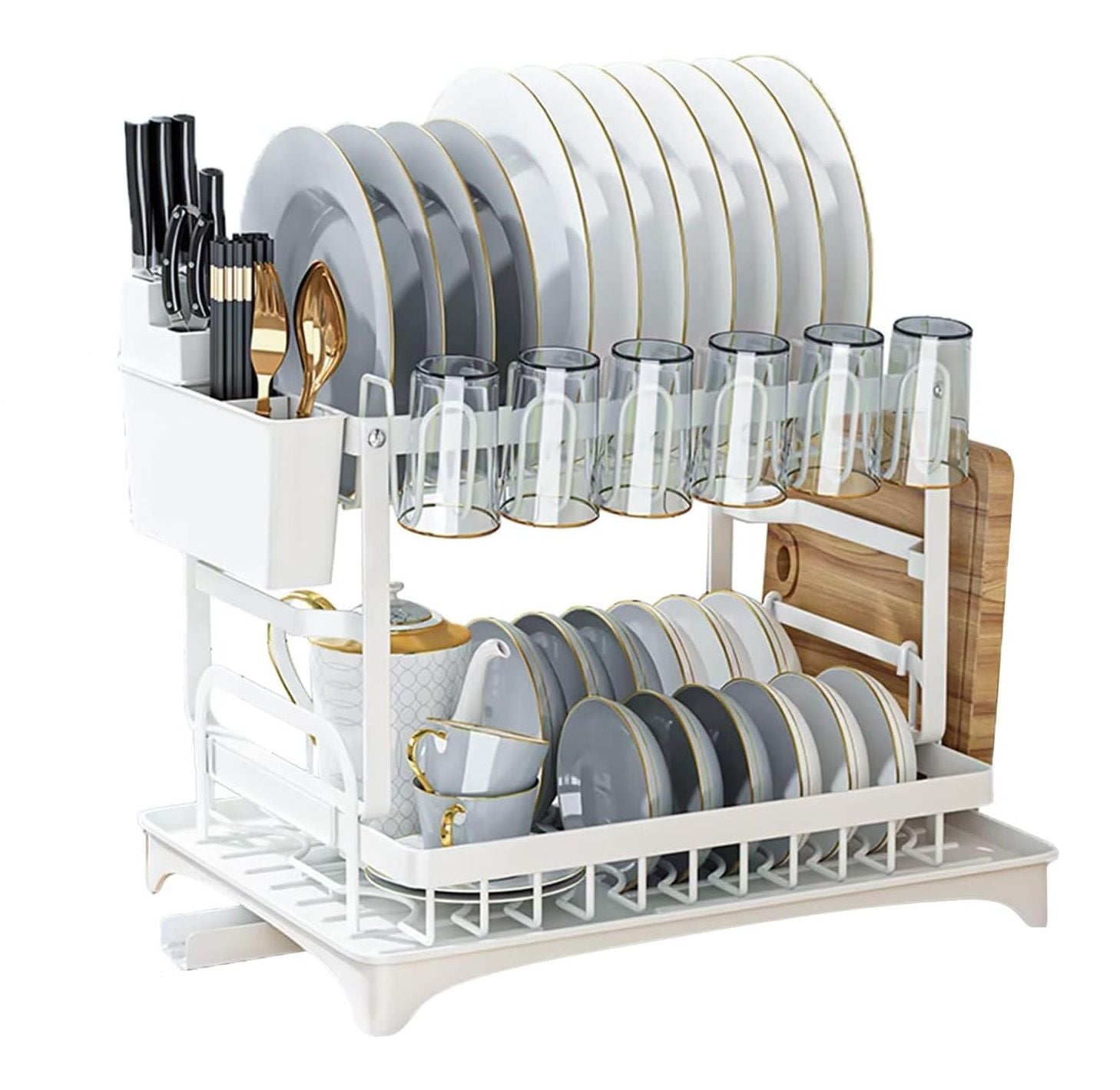 2-Tier Dish Drying Rack with Drainage Tray, Utensil Holder, Cup Hooks & Cutting Board Slot for Countertop Kitchen Storage (White)