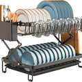 2-Tier Dish Drying Rack with Drainage Tray, Utensil Holder, Cup Hooks & Cutting Board Rack for Kitchen (Black)