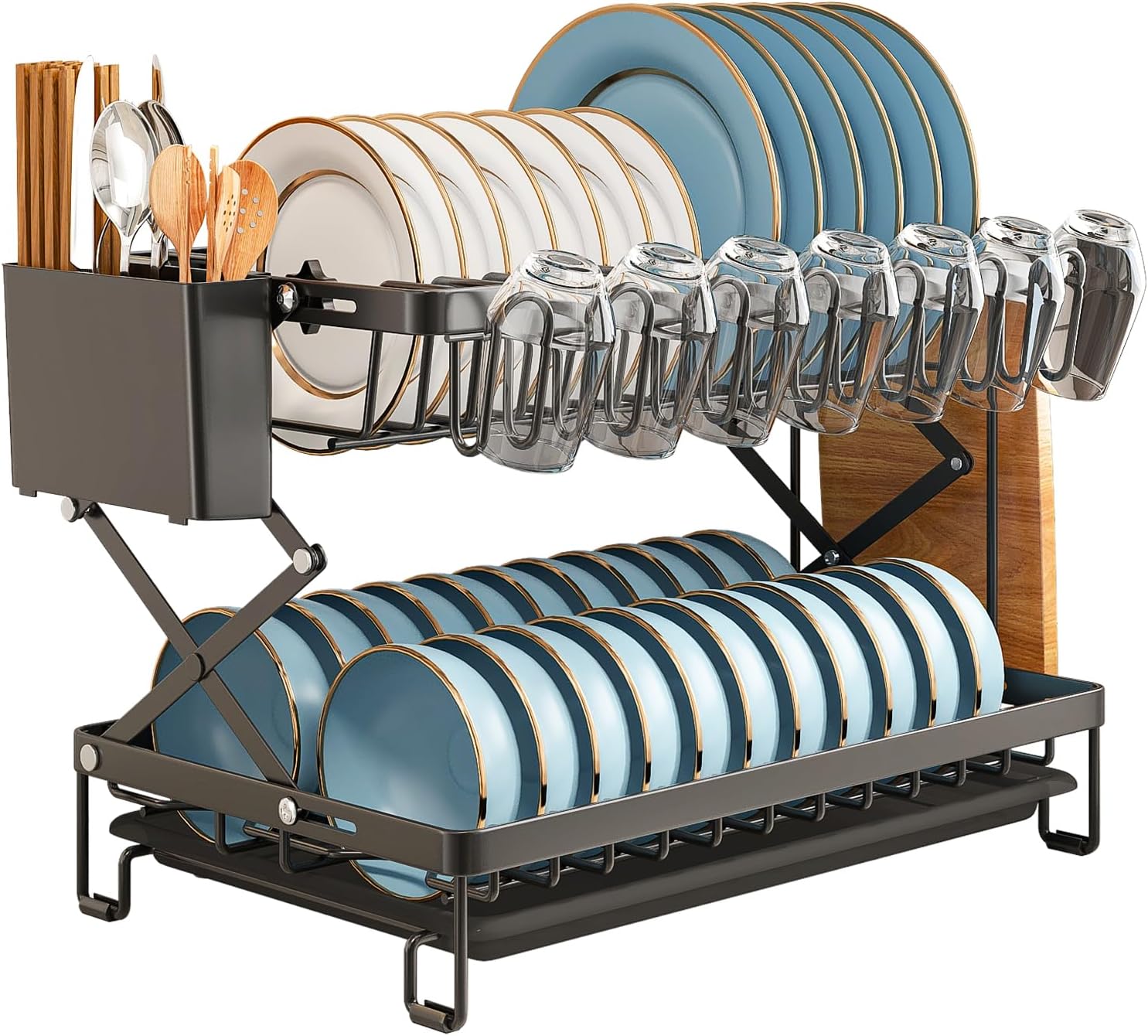 2-Tier Dish Drying Rack with Drainage Tray, Utensil Holder, Cup Hooks & Cutting Board Rack for Kitchen (Black)