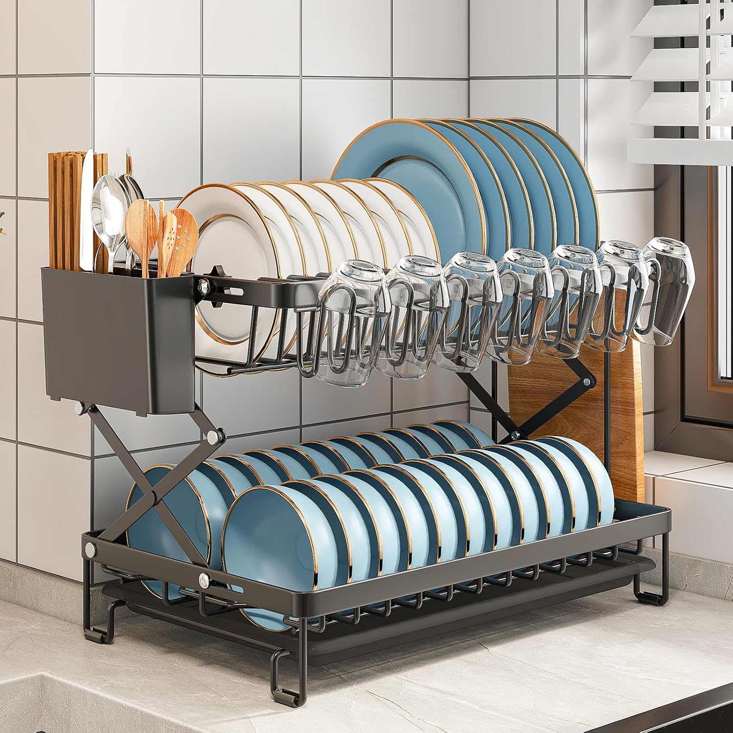 2-Tier Dish Drying Rack with Drainage Tray, Utensil Holder, Cup Hooks & Cutting Board Rack for Kitchen (Black)