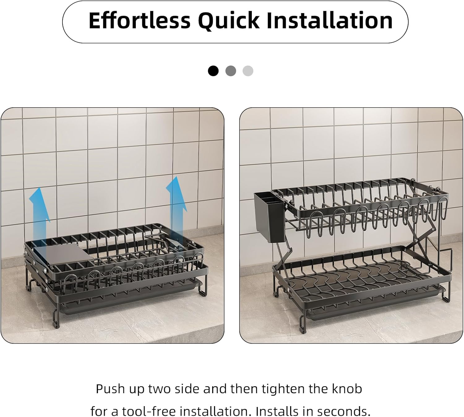 2-Tier Dish Drying Rack with Drainage Tray, Utensil Holder, Cup Hooks & Cutting Board Rack for Kitchen (Black)