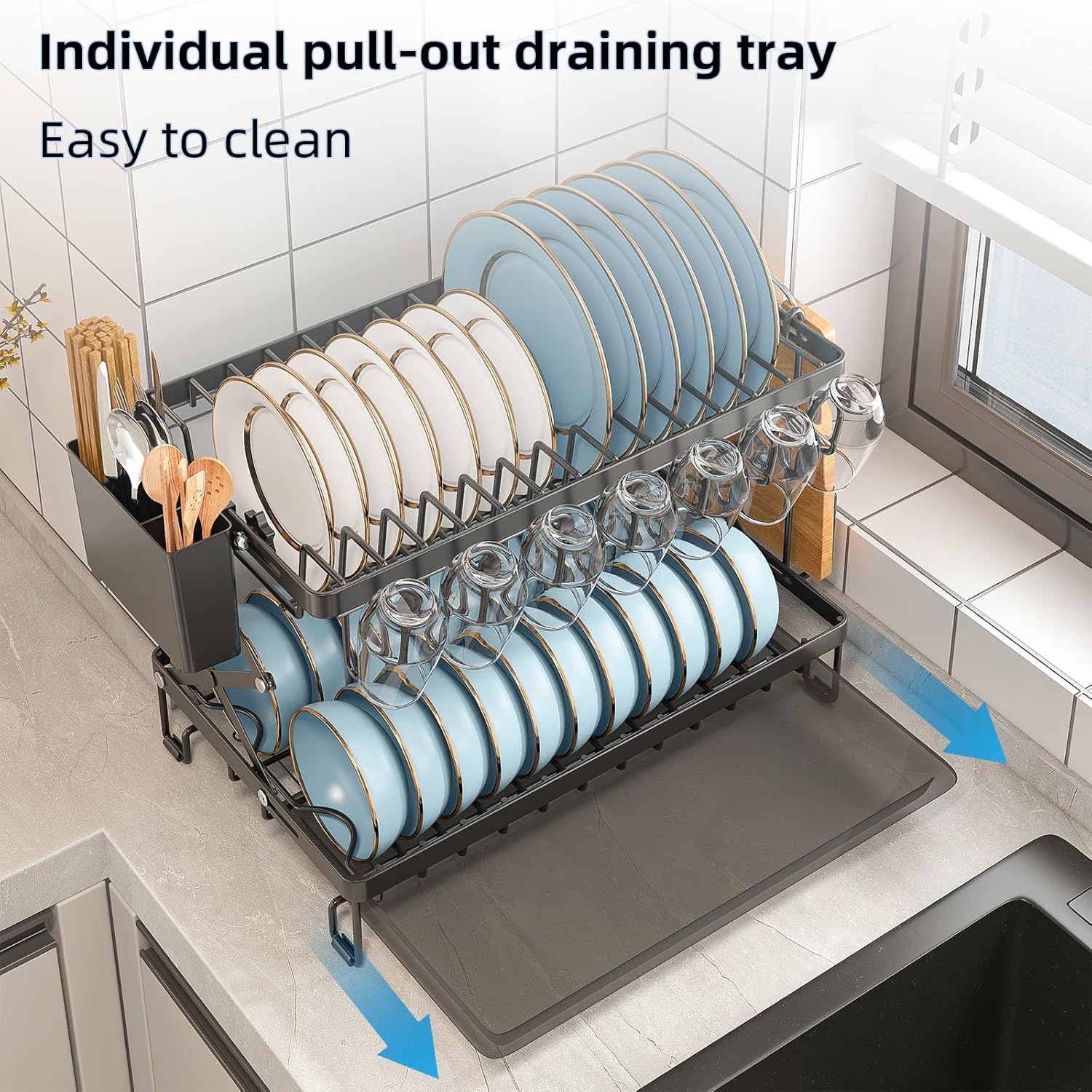 2-Tier Dish Drying Rack with Drainage Tray, Utensil Holder, Cup Hooks & Cutting Board Rack for Kitchen (Black)
