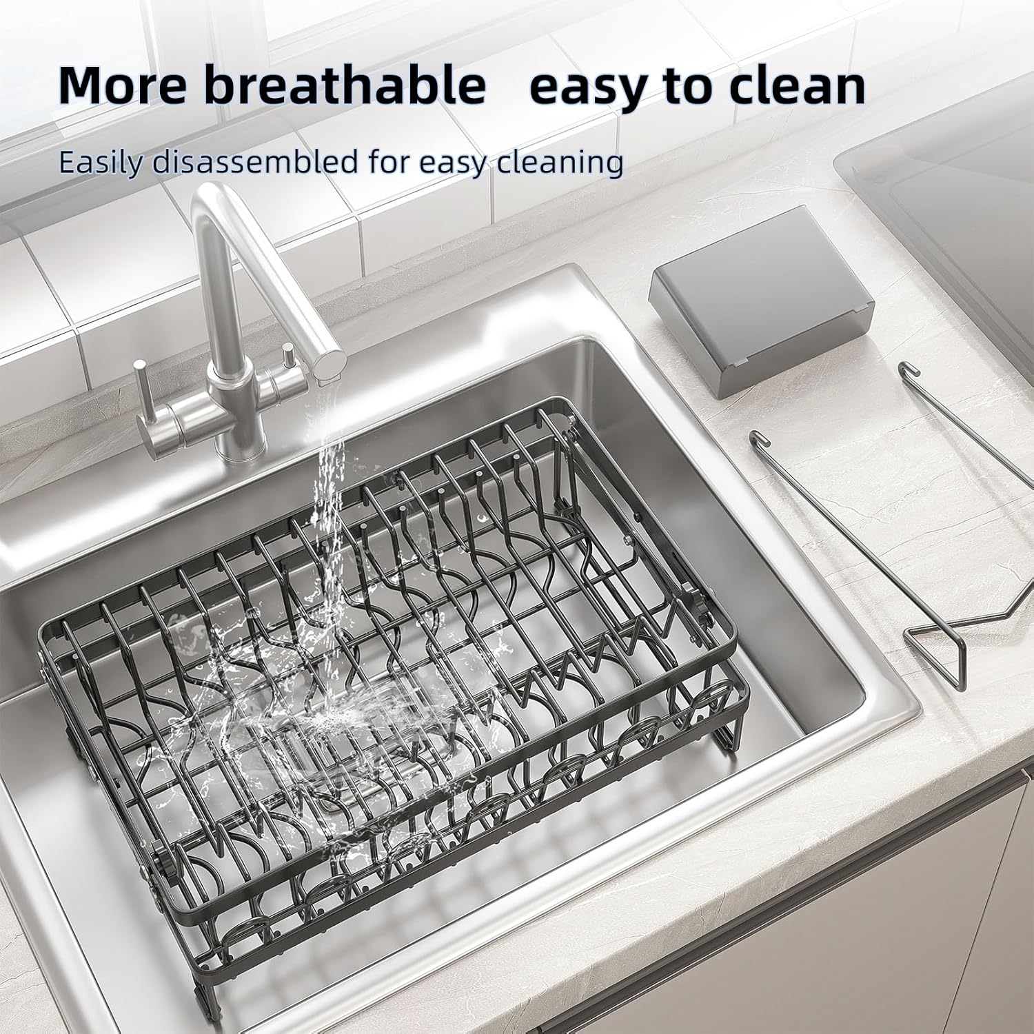 2-Tier Dish Drying Rack with Drainage Tray, Utensil Holder, Cup Hooks & Cutting Board Rack for Kitchen (Black)