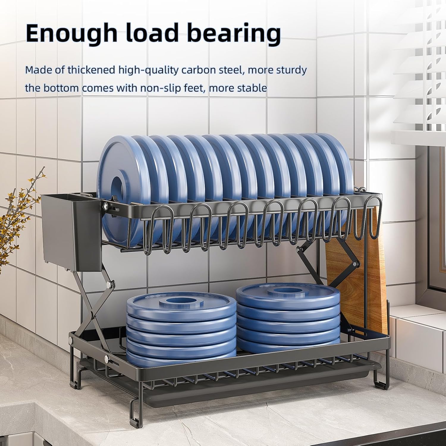 2-Tier Dish Drying Rack with Drainage Tray, Utensil Holder, Cup Hooks & Cutting Board Rack for Kitchen (Black)