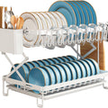 2-Tier Dish Drying Rack with Drainage Tray, Utensil Holder, Cup Hooks & Cutting Board Rack for Kitchen (White)