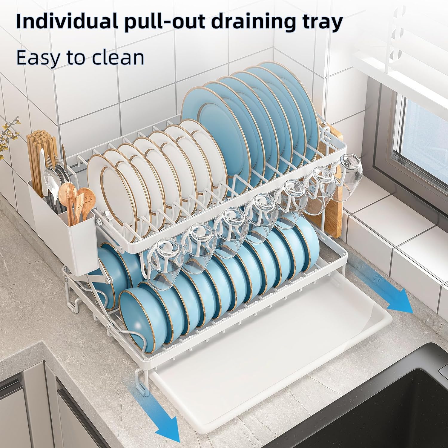 2-Tier Dish Drying Rack with Drainage Tray, Utensil Holder, Cup Hooks & Cutting Board Rack for Kitchen (White)