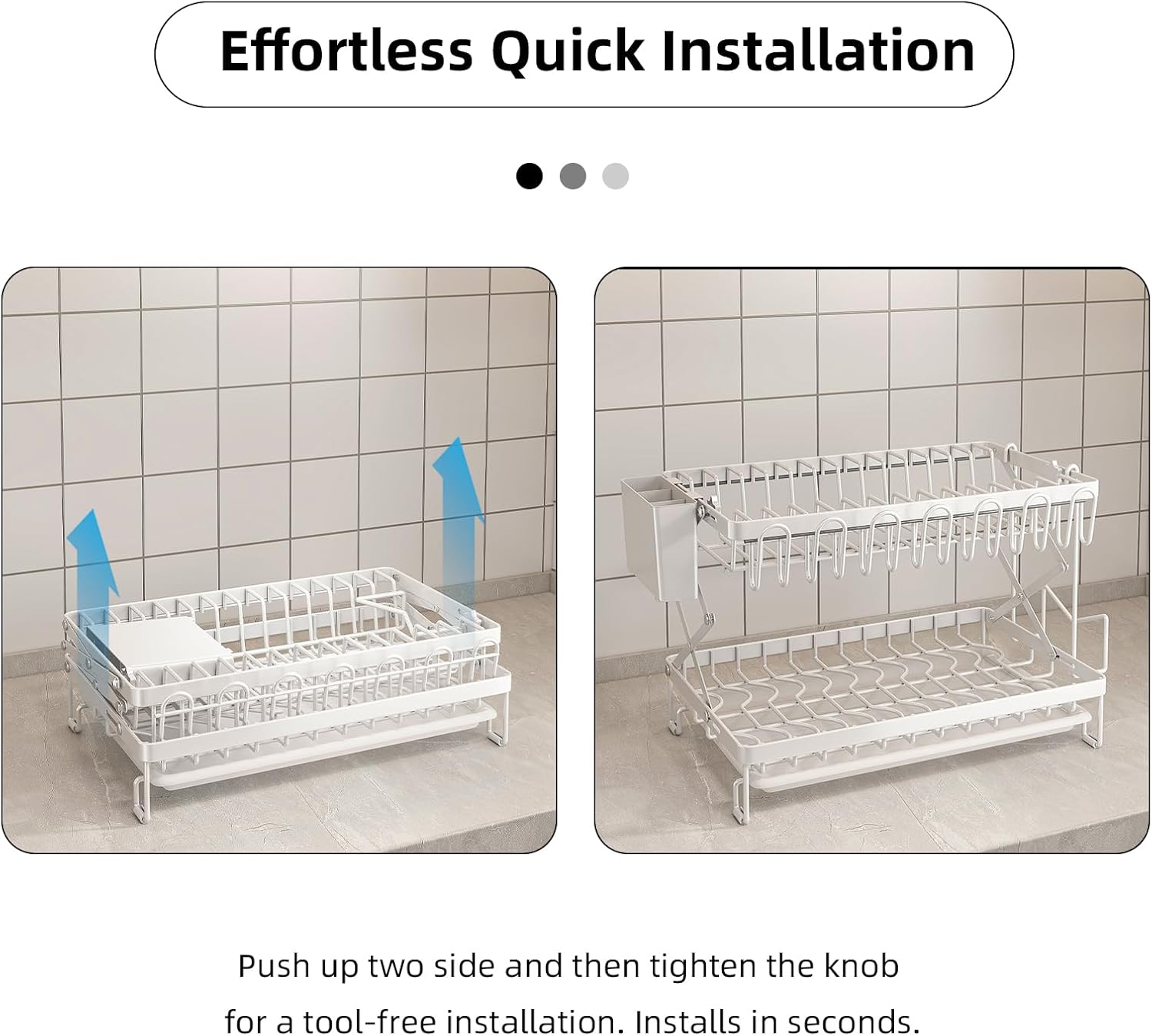 2-Tier Dish Drying Rack with Drainage Tray, Utensil Holder, Cup Hooks & Cutting Board Rack for Kitchen (White)