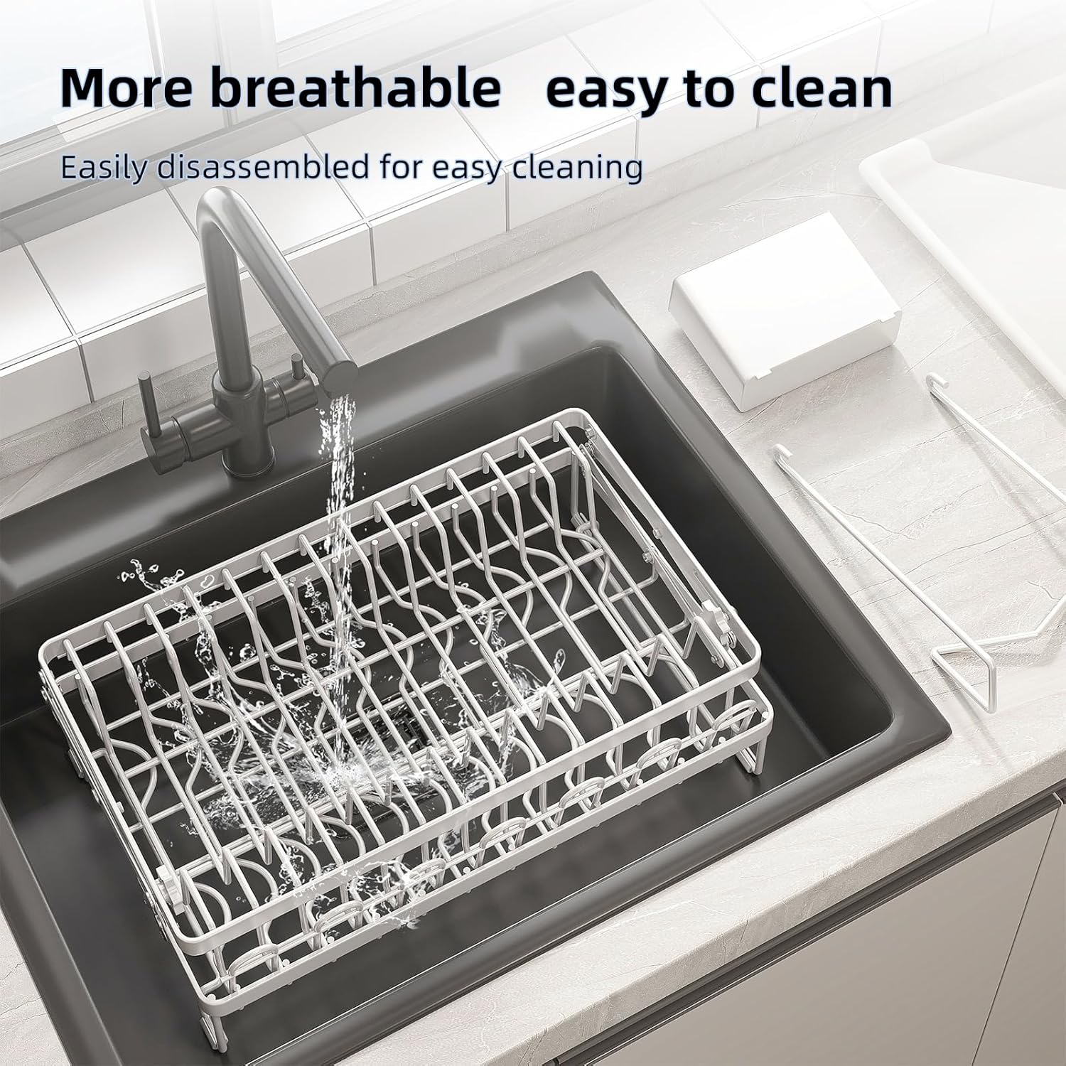 2-Tier Dish Drying Rack with Drainage Tray, Utensil Holder, Cup Hooks & Cutting Board Rack for Kitchen (White)