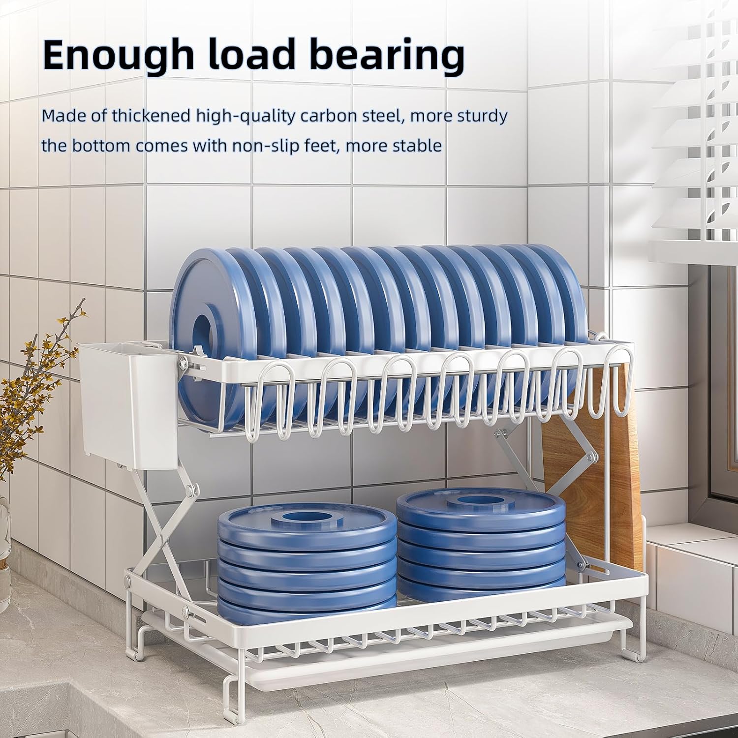 2-Tier Dish Drying Rack with Drainage Tray, Utensil Holder, Cup Hooks & Cutting Board Rack for Kitchen (White)