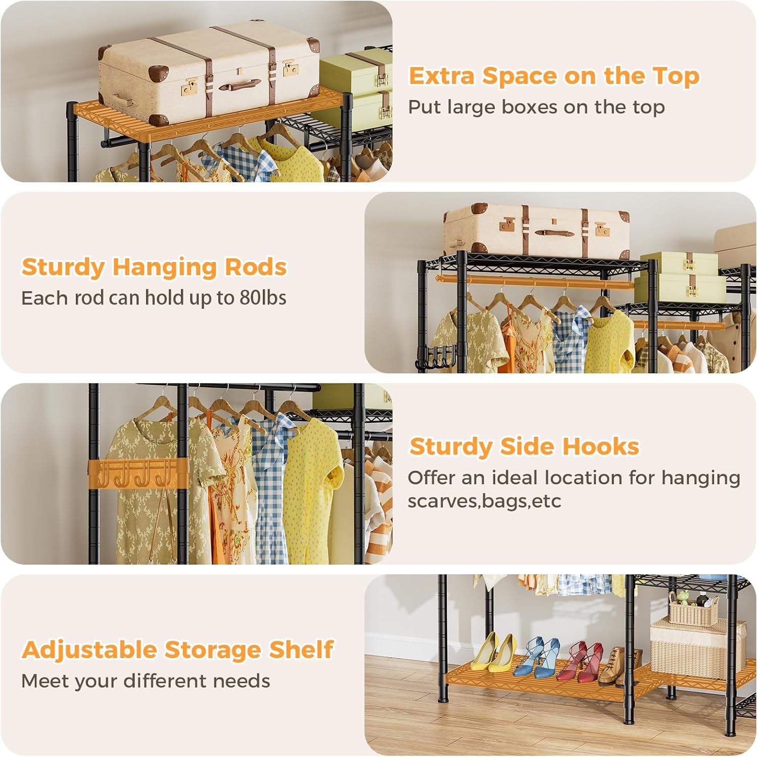 Heavy Duty Clothing Garment Rack Organizer with Hanging Rods & Storage Shelves for Clothes, Shoes & Wardrobe