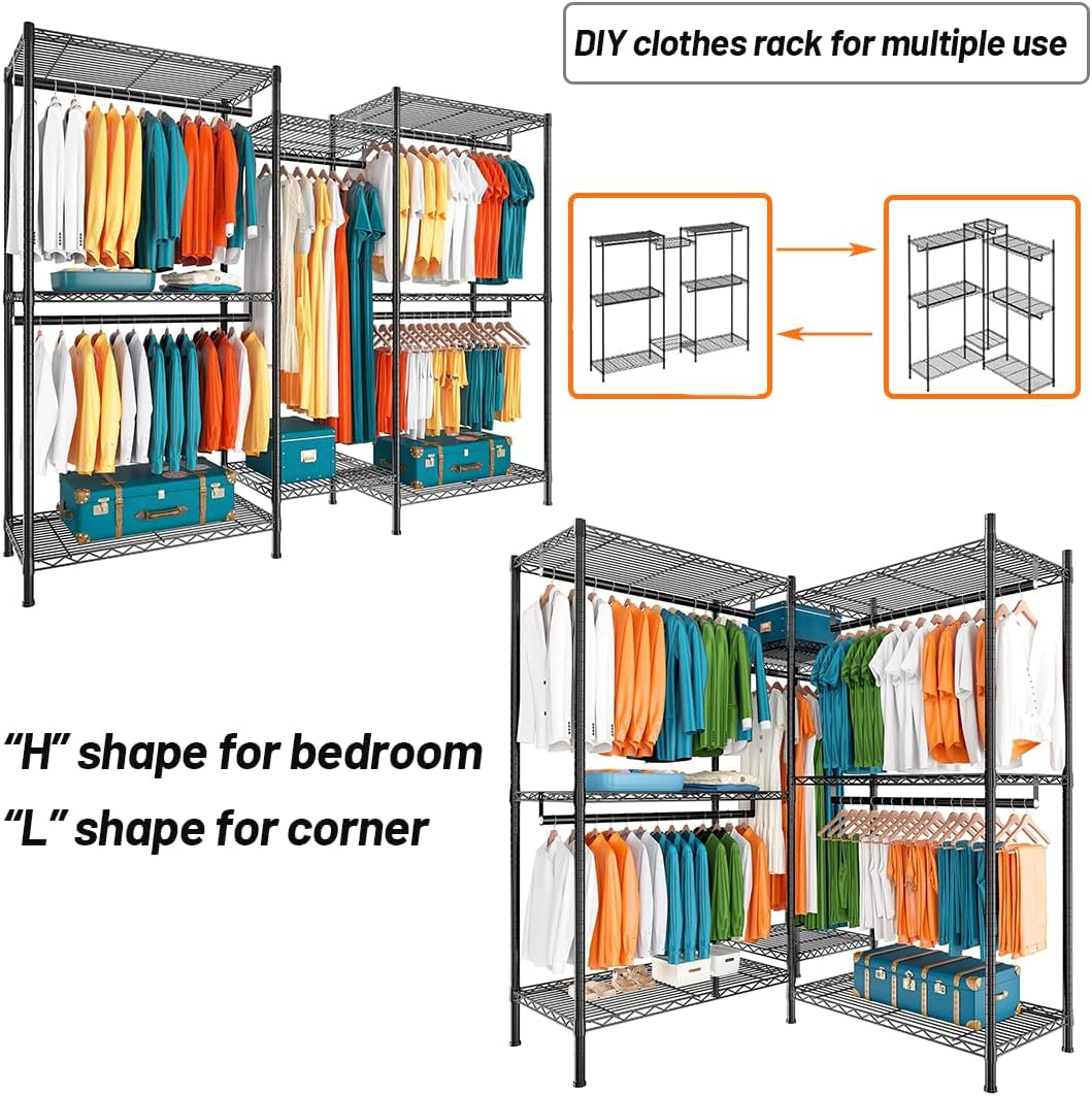 Heavy Duty Clothing Garment Rack Organizer with Hanging Rods & Storage Shelves for Clothes, Shoes & Wardrobe