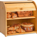 Large Bamboo Bread Box Storage Organizer with Roll Top for Kitchen Counter