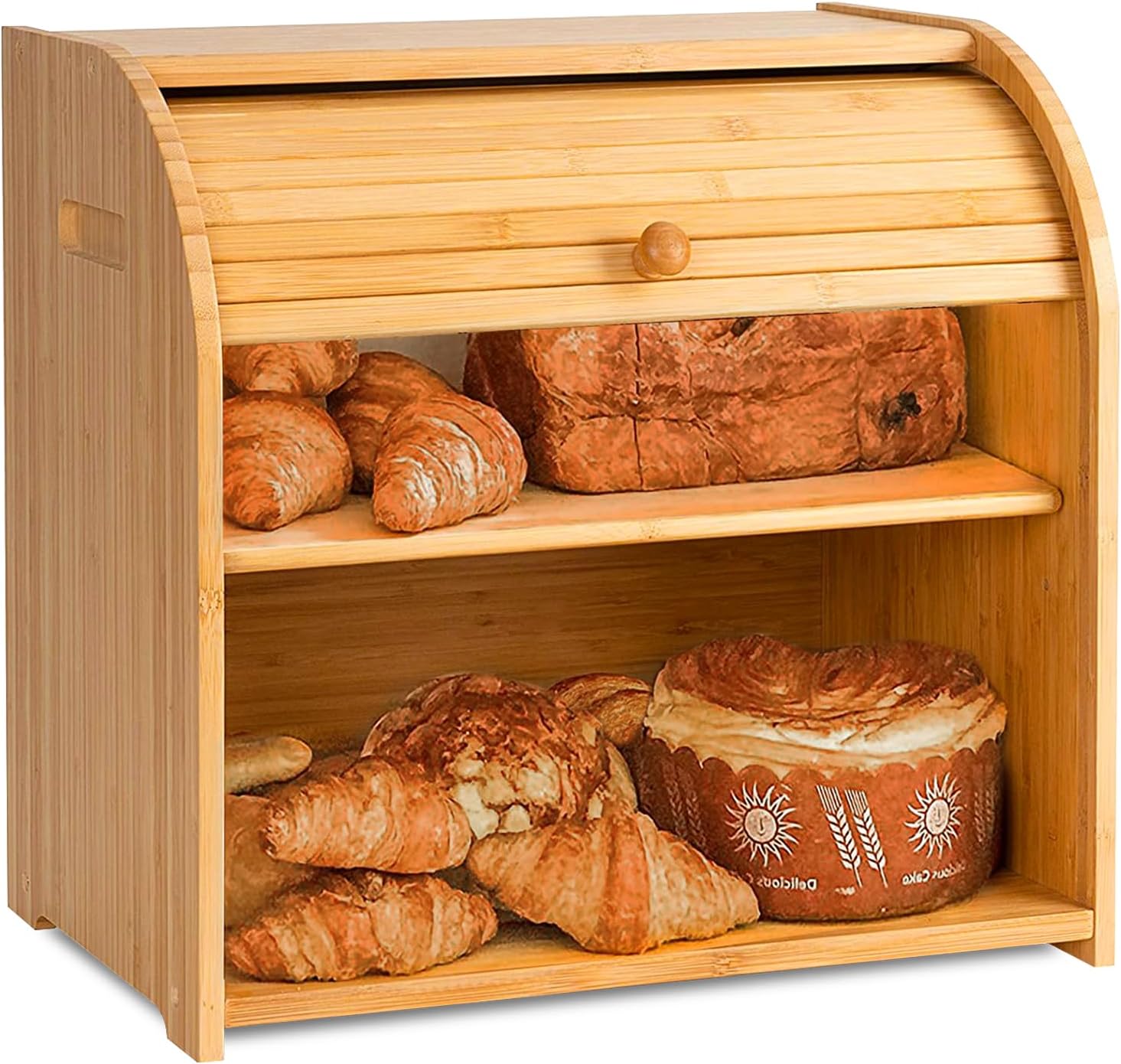 Large Bamboo Bread Box Storage Organizer with Roll Top for Kitchen Counter