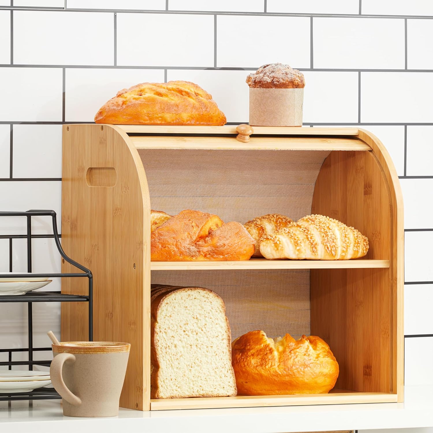 Large Bamboo Bread Box Storage Organizer with Roll Top for Kitchen Counter