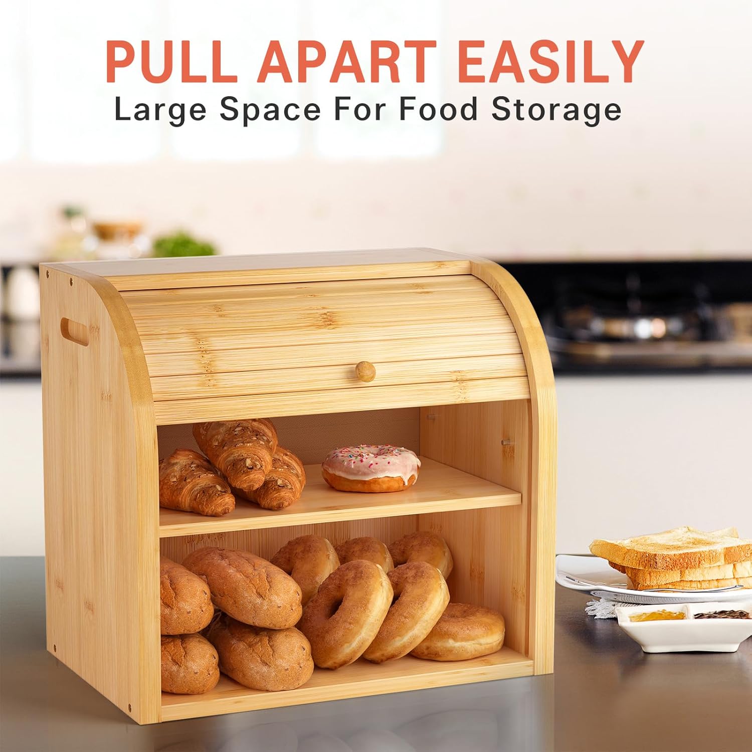 Large Bamboo Bread Box Storage Organizer with Roll Top for Kitchen Counter
