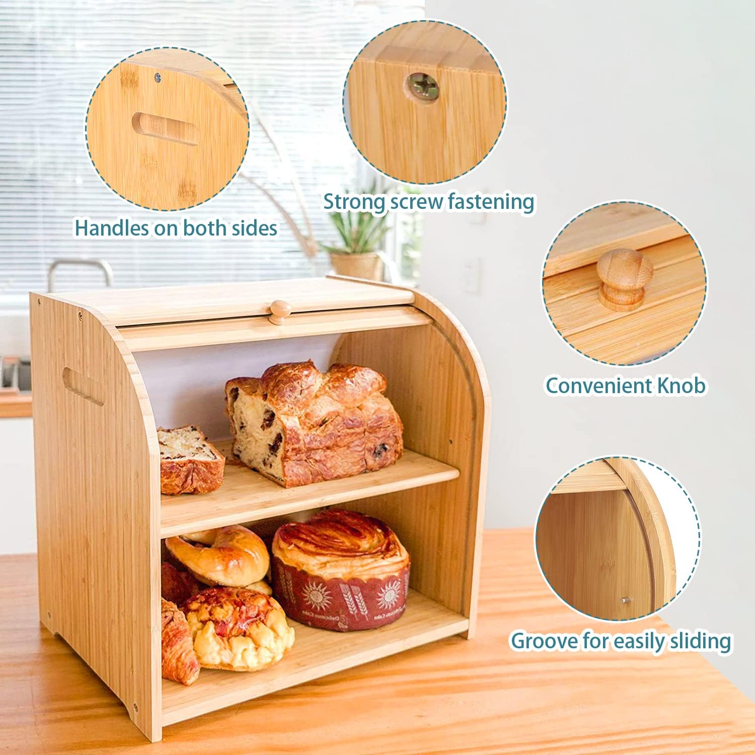 Large Bamboo Bread Box Storage Organizer with Roll Top for Kitchen Counter