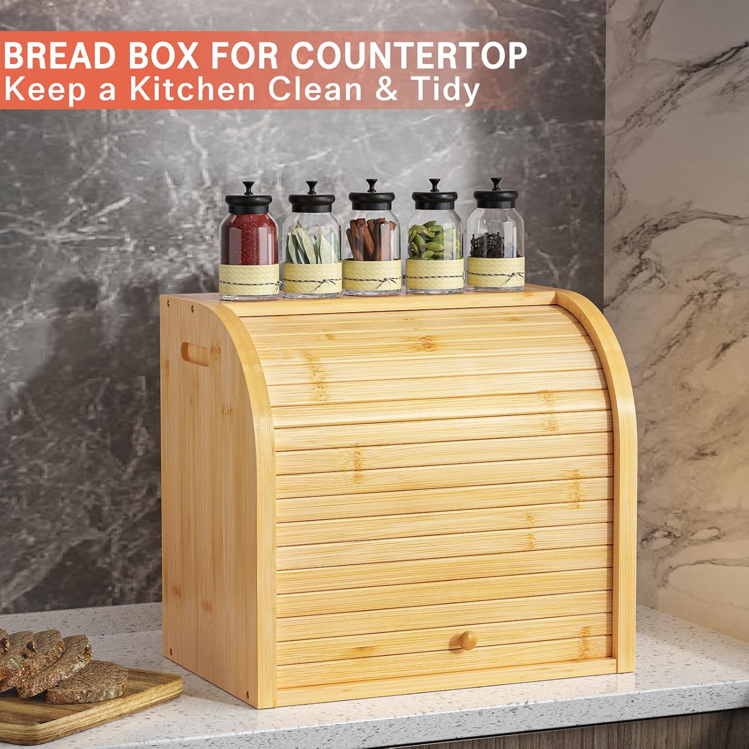 Large Bamboo Bread Box Storage Organizer with Roll Top for Kitchen Counter