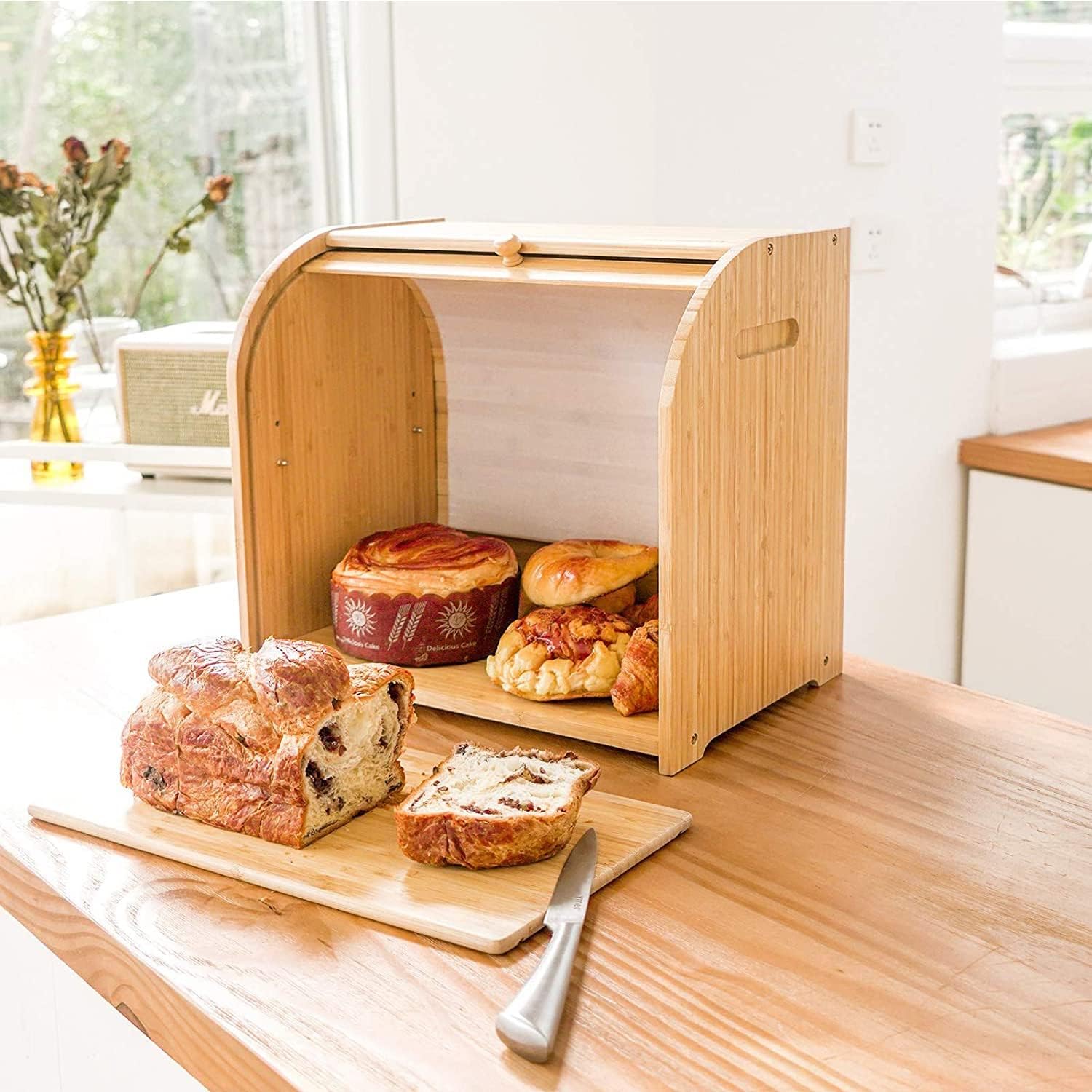 Large Bamboo Bread Box Storage Organizer with Roll Top for Kitchen Counter