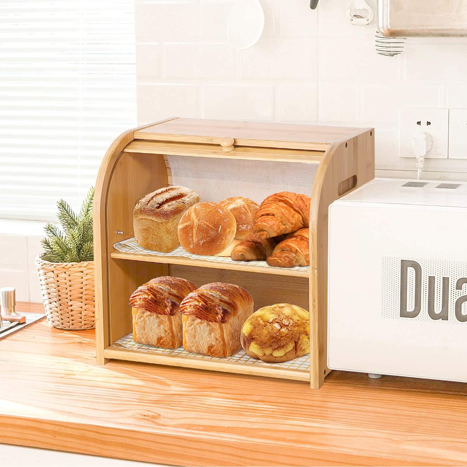 Large Bamboo Bread Box Storage Organizer with Roll Top for Kitchen Counter
