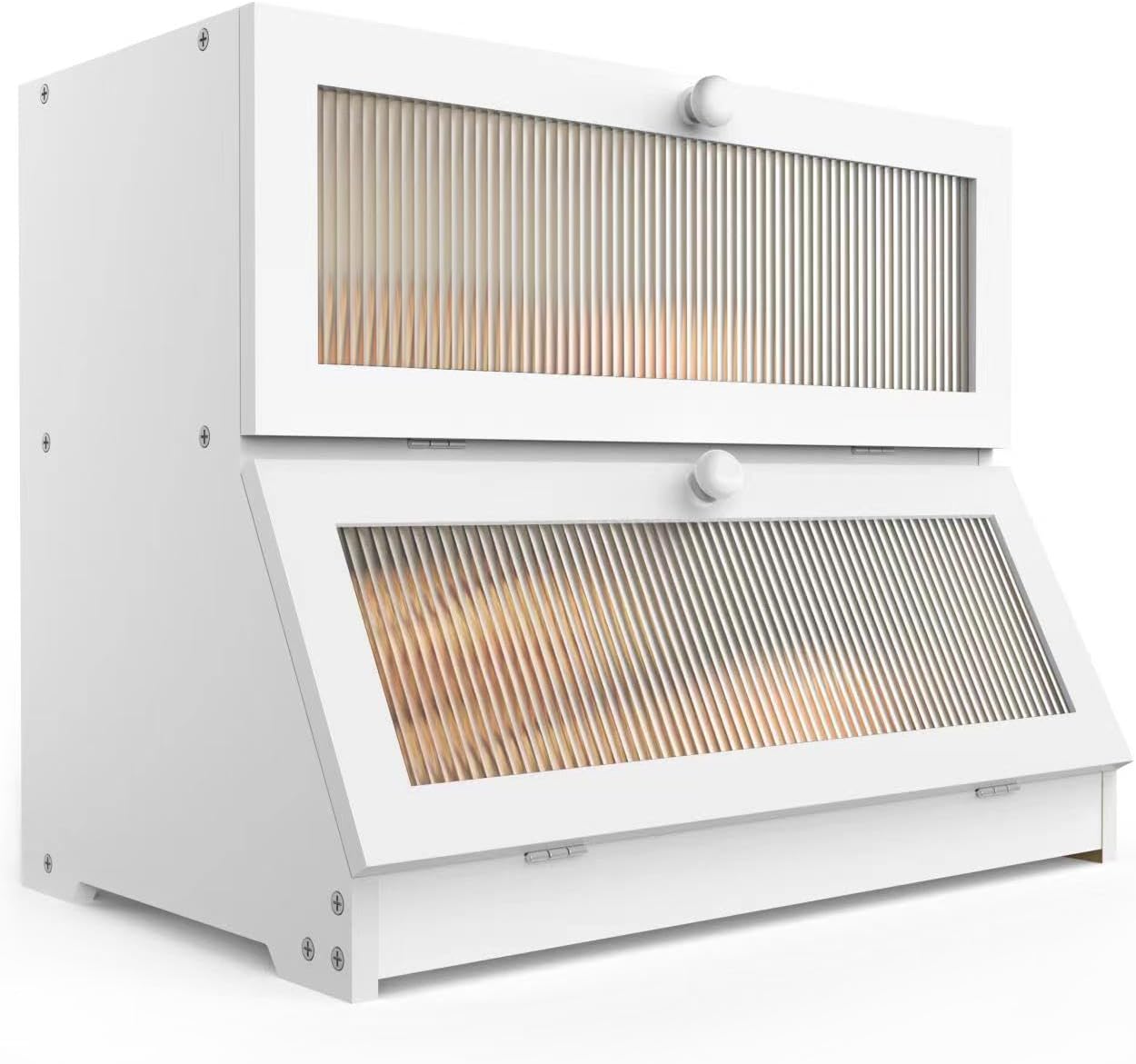 Double Layer Bamboo Bread Box for Kitchen Counter - Large Capacity Bread Storage Container with Clear Window, Easy Assembly, Farmhouse Style Bread Holder (White)