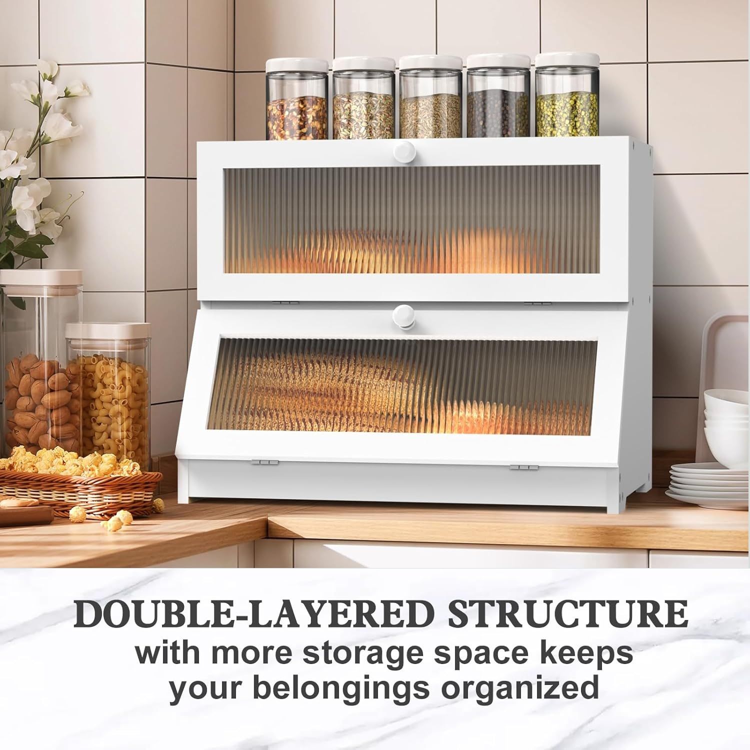 Double Layer Bamboo Bread Box for Kitchen Counter - Large Capacity Bread Storage Container with Clear Window, Easy Assembly, Farmhouse Style Bread Holder (White)