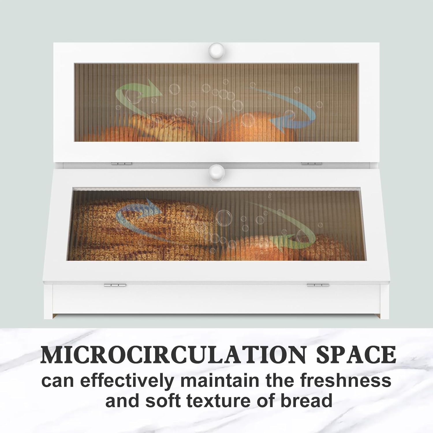 Double Layer Bamboo Bread Box for Kitchen Counter - Large Capacity Bread Storage Container with Clear Window, Easy Assembly, Farmhouse Style Bread Holder (White)