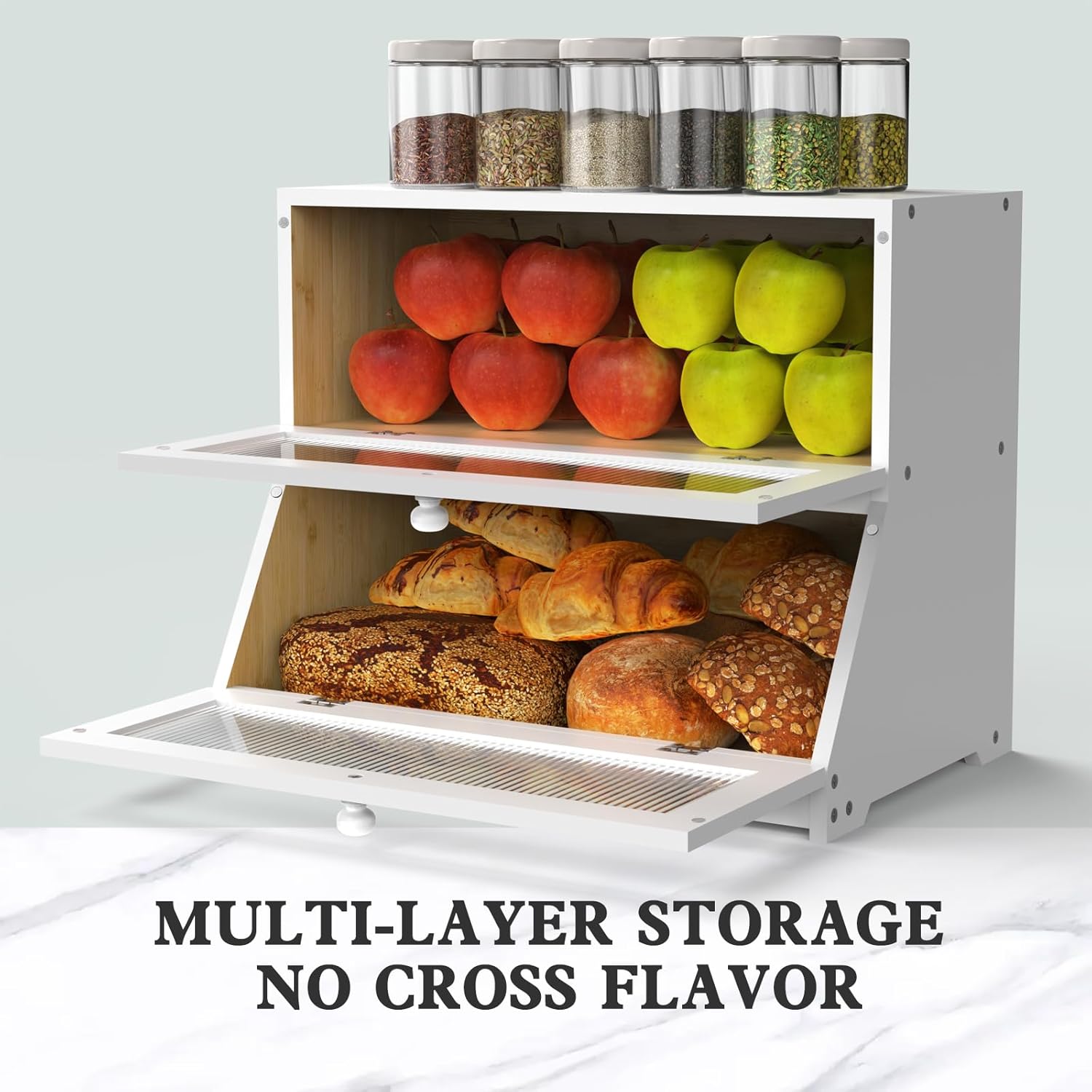 Double Layer Bamboo Bread Box for Kitchen Counter - Large Capacity Bread Storage Container with Clear Window, Easy Assembly, Farmhouse Style Bread Holder (White)