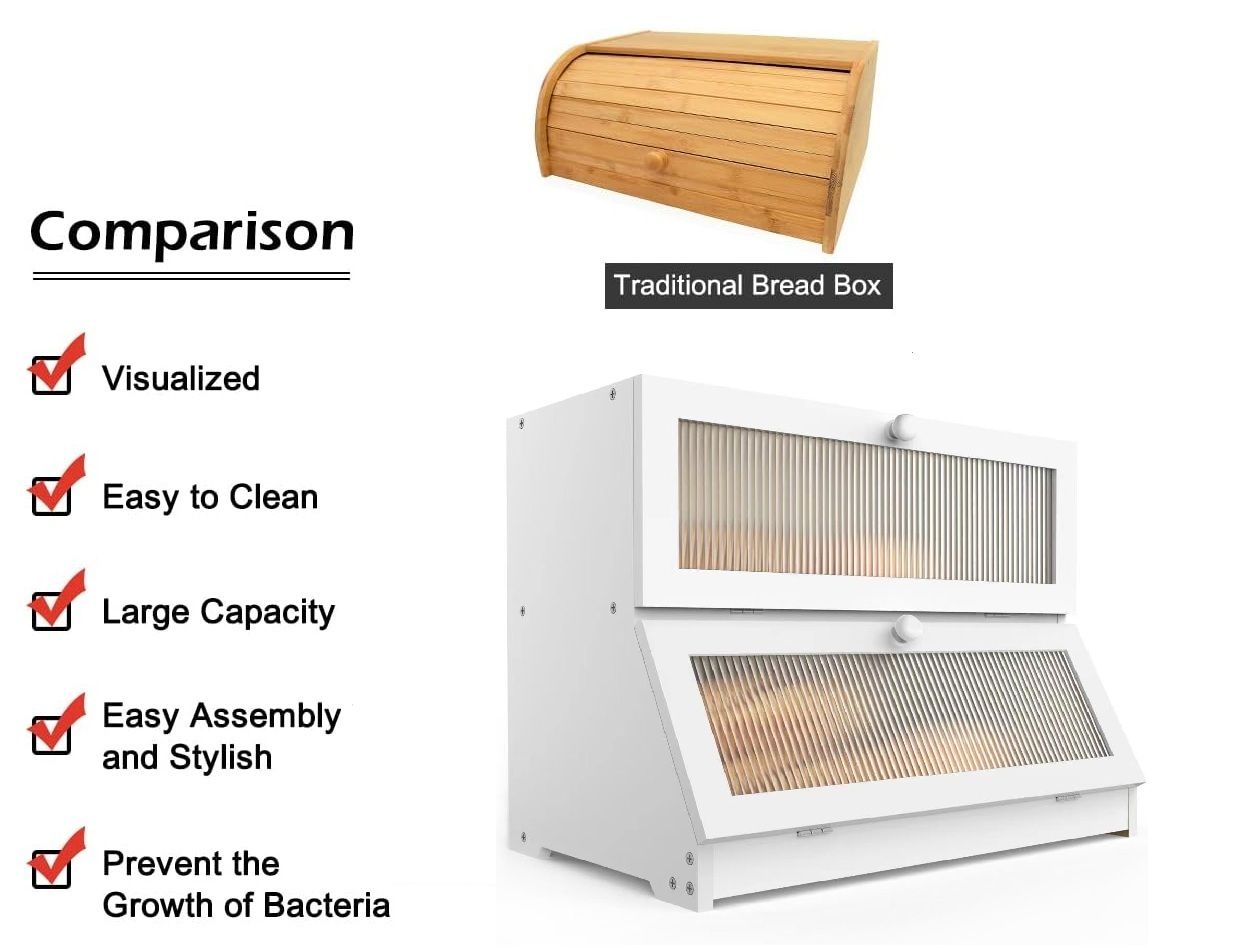Double Layer Bamboo Bread Box for Kitchen Counter - Large Capacity Bread Storage Container with Clear Window, Easy Assembly, Farmhouse Style Bread Holder (White)